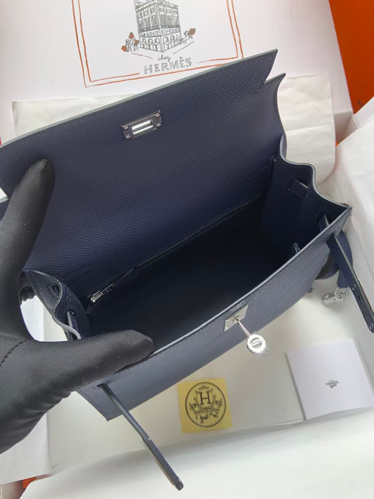 Hermes Kelly 25/28cm Sellier Bag Epsom Leather Silver/Gold Metal In Navy WAX High