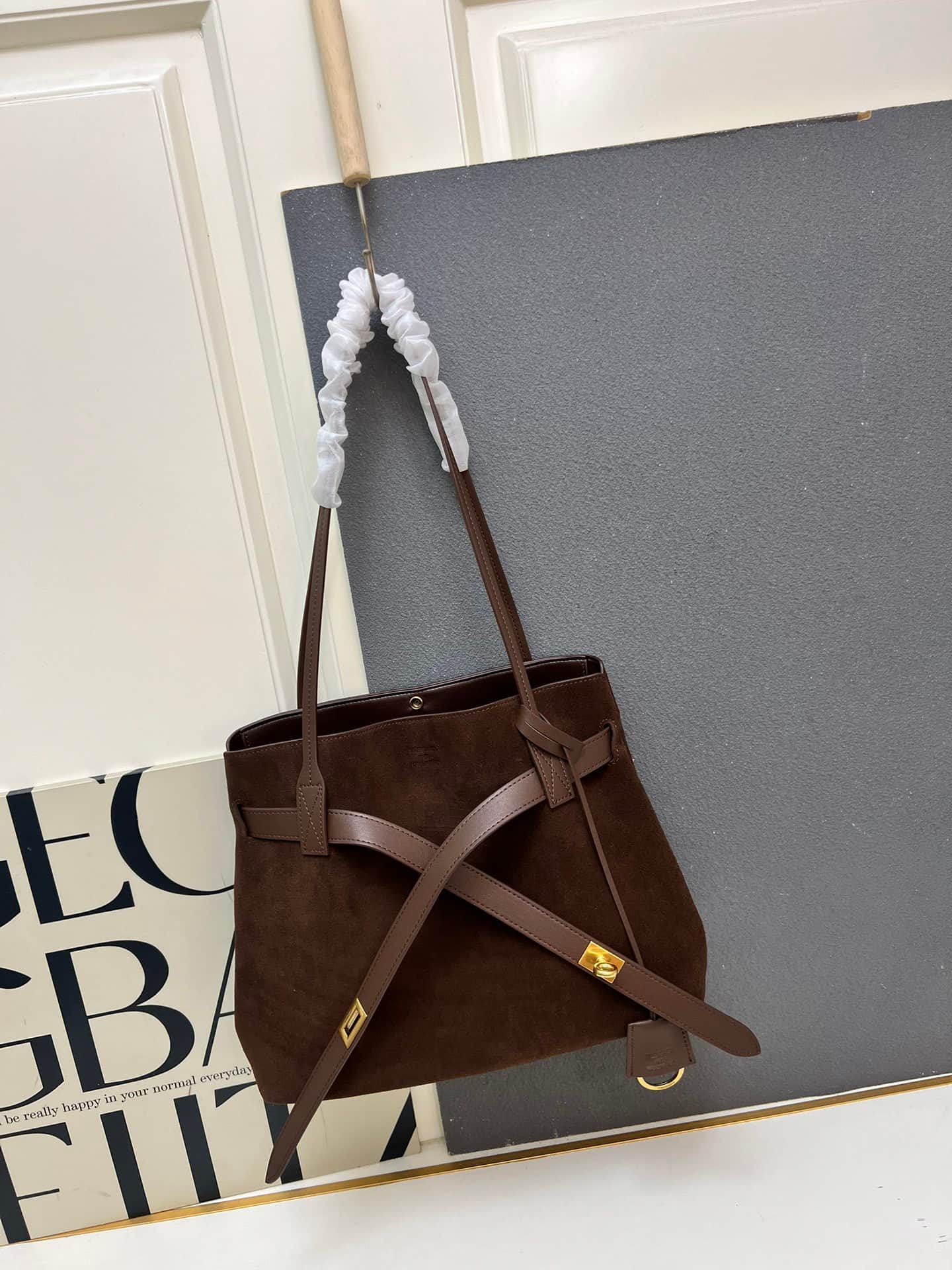 Balenciaga Bel Air Large Waxed Suede Tote Bag in brown gold hardware 1W8807 High