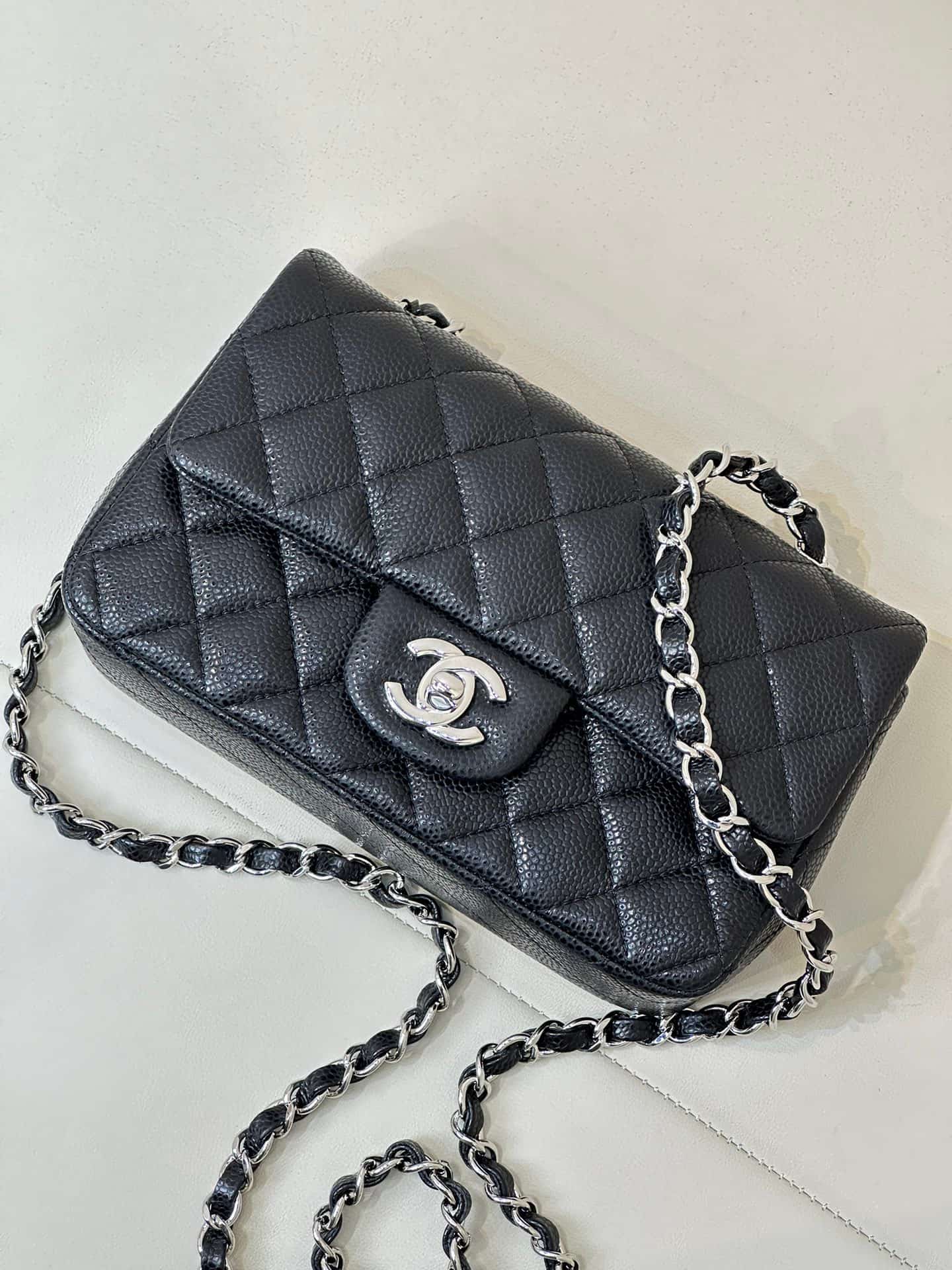 CHANEL Mini Classic Handbag Grained Calfskin & Silver-tone Metal A69900 Black TOP