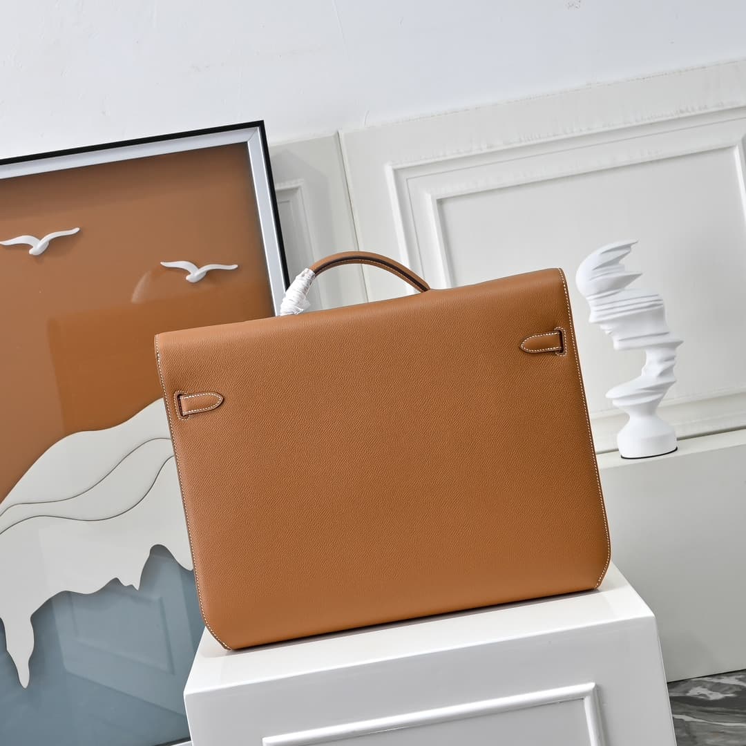 Hermes Kelly depeches Epsom 36 briefcase In Camel Silver Metal CalfskIn WAX High