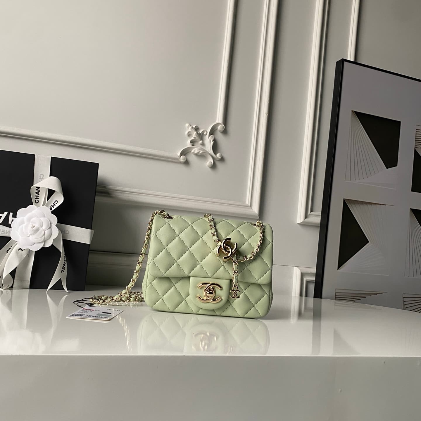 Chanel Mini Classic Flap Bag Lambskin & Gold-Tone Metal AS5758 Light Green High