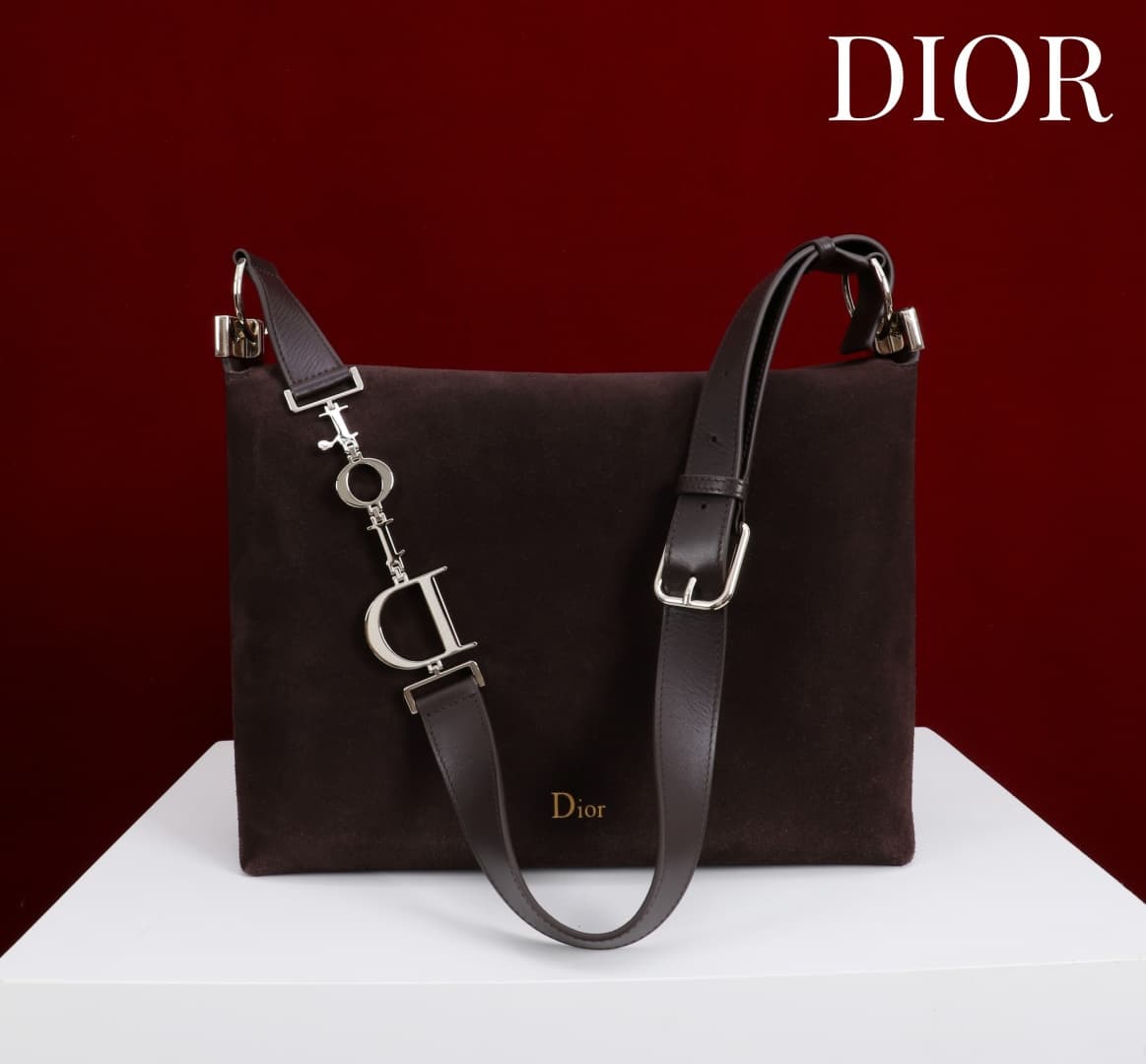 Medium Diorly Bag Chocolate Suede Calfskin Gold lettering High