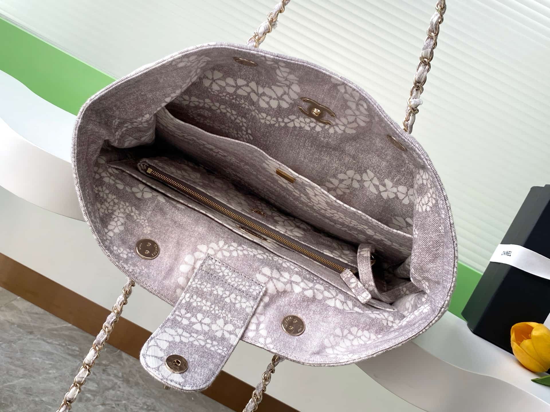 Chanel Beach Hobo Handbag Printed Cotton & Gold-Tone Metal AS5429 White and Grey A