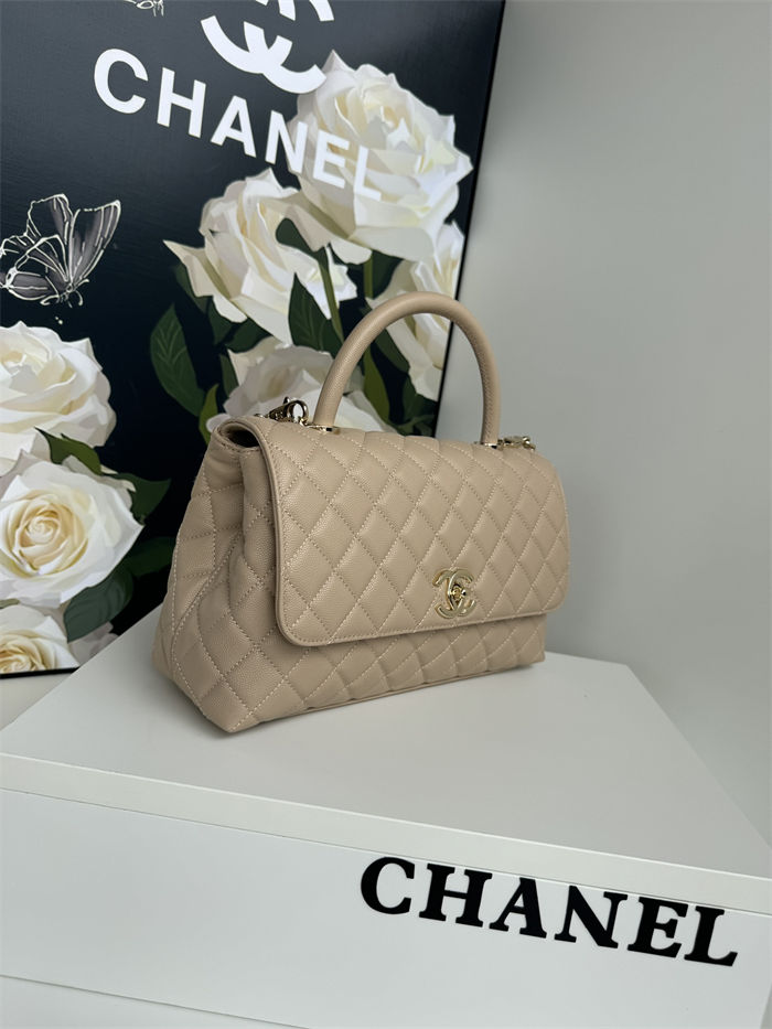 Medium FLAP BAG WITH TOP HANDLE Grained Calfskin Beige-binding Gold Metal High