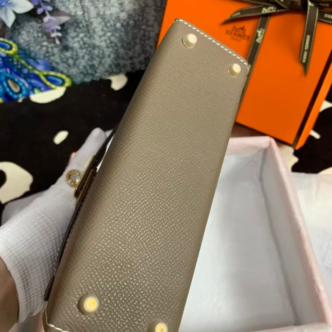 Hermes Kelly Mini II Bag Epsom Leather WAX Silver/Gold Metal Etoupe High