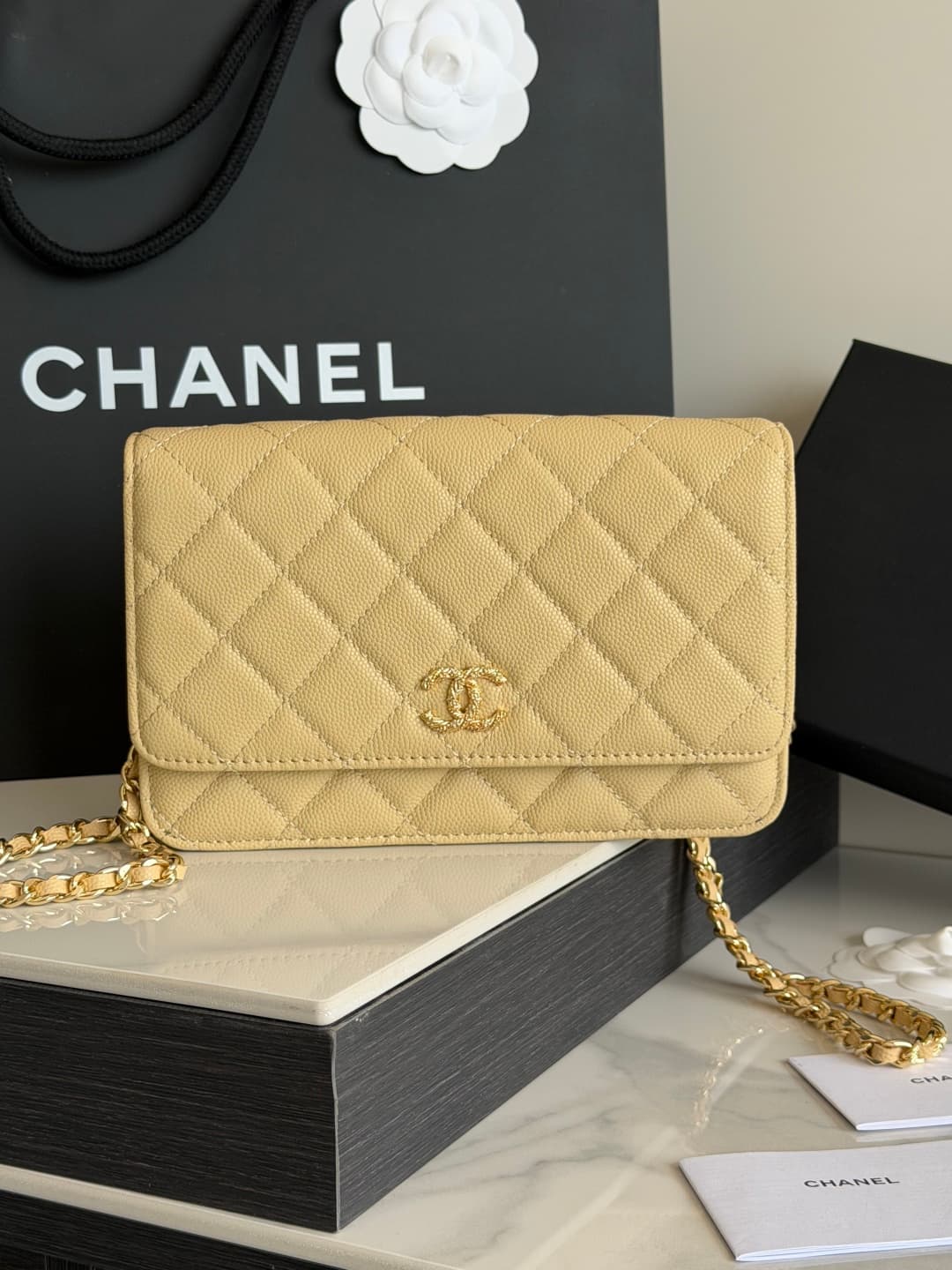 Chanel Wallet on Chain Shiny Grained Calfskin Strass & Gold-Tone Metal Yellow AP5073 High
