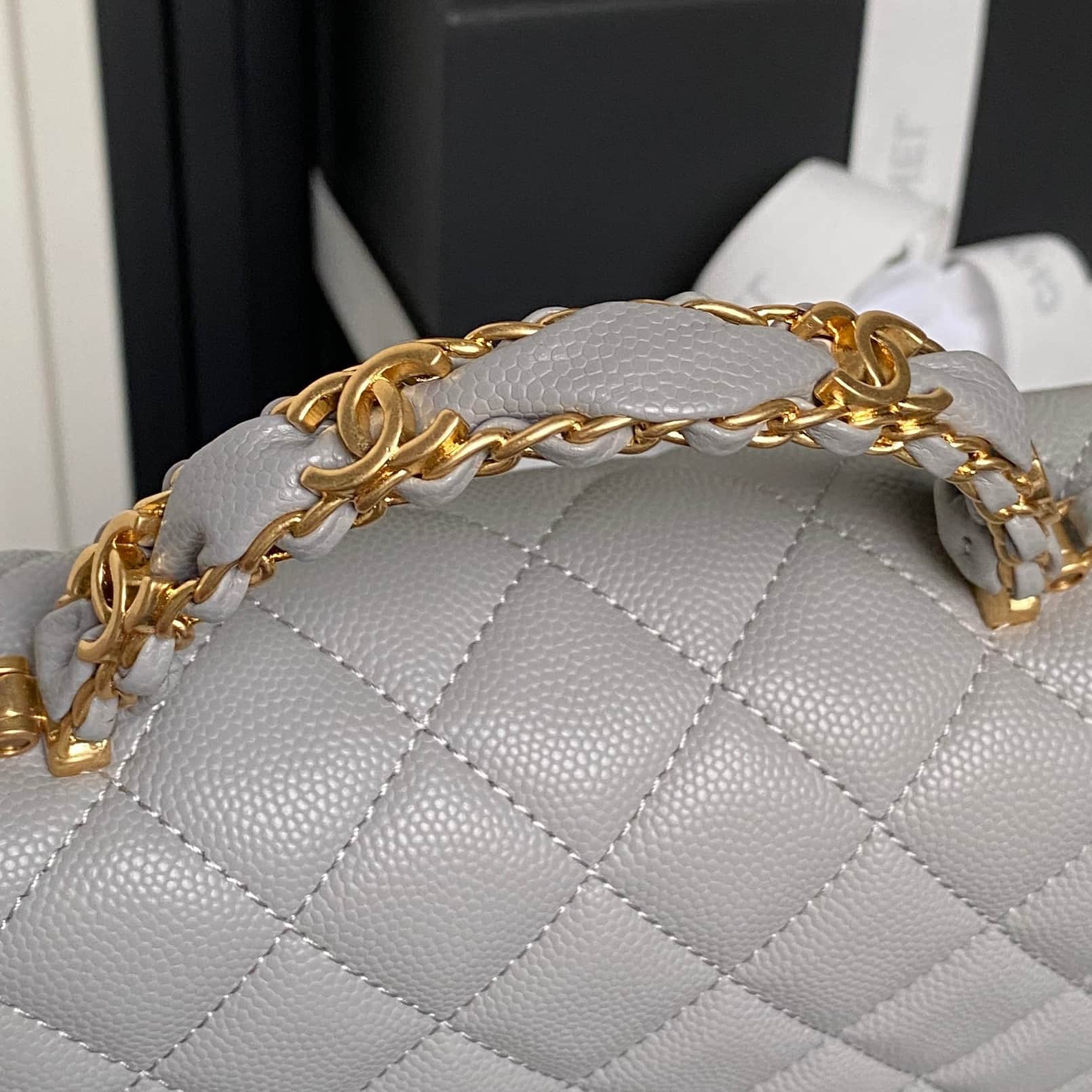Chanel Small Flap Bag with Top Handle Grained Shiny Calfskin &  Gold-Tone Metal Grey AS5702 A