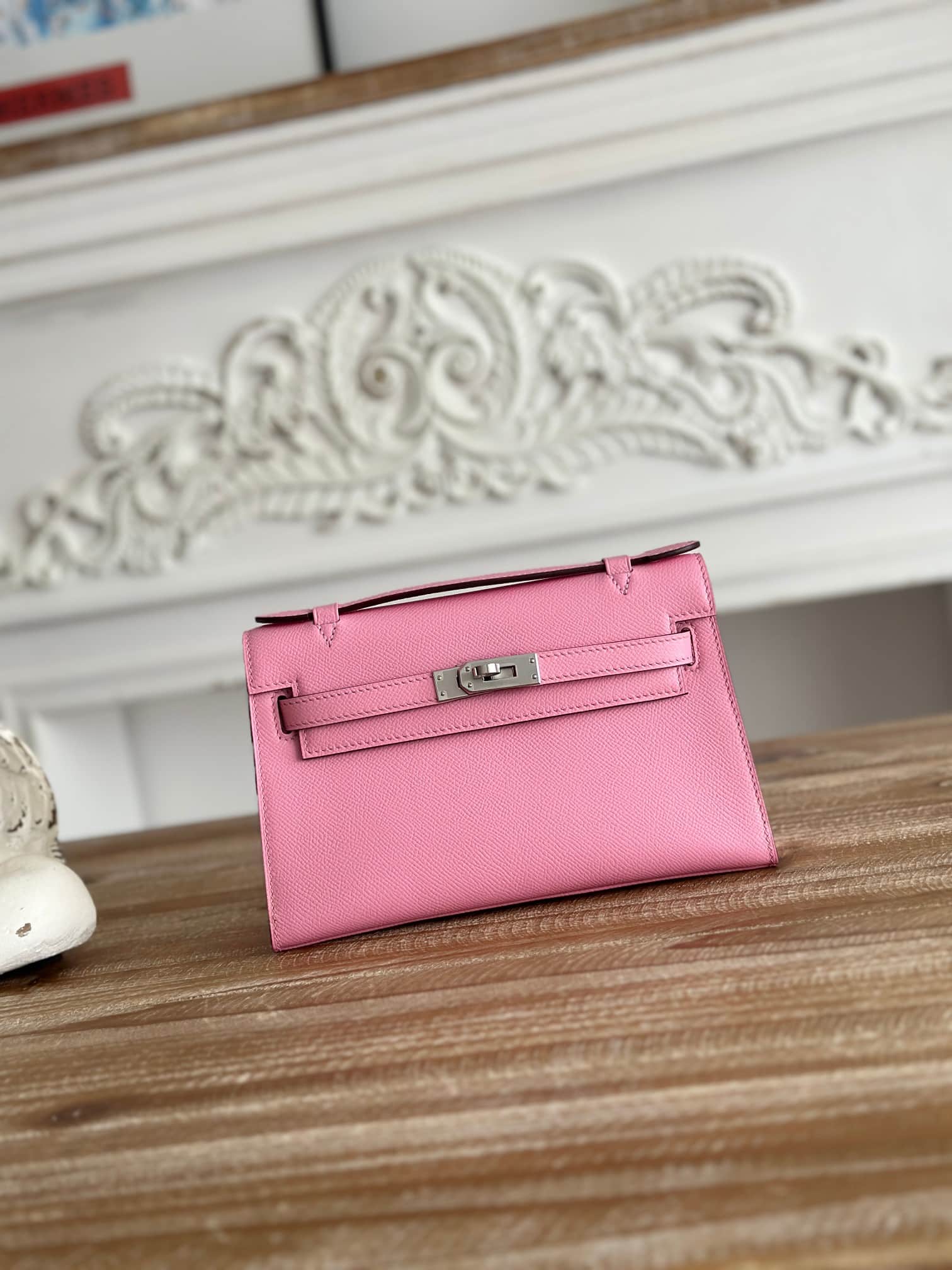 Hermes Kelly Pochette Bag Epsom Leather Silver/Gold Metal Rose Saiura WAX High