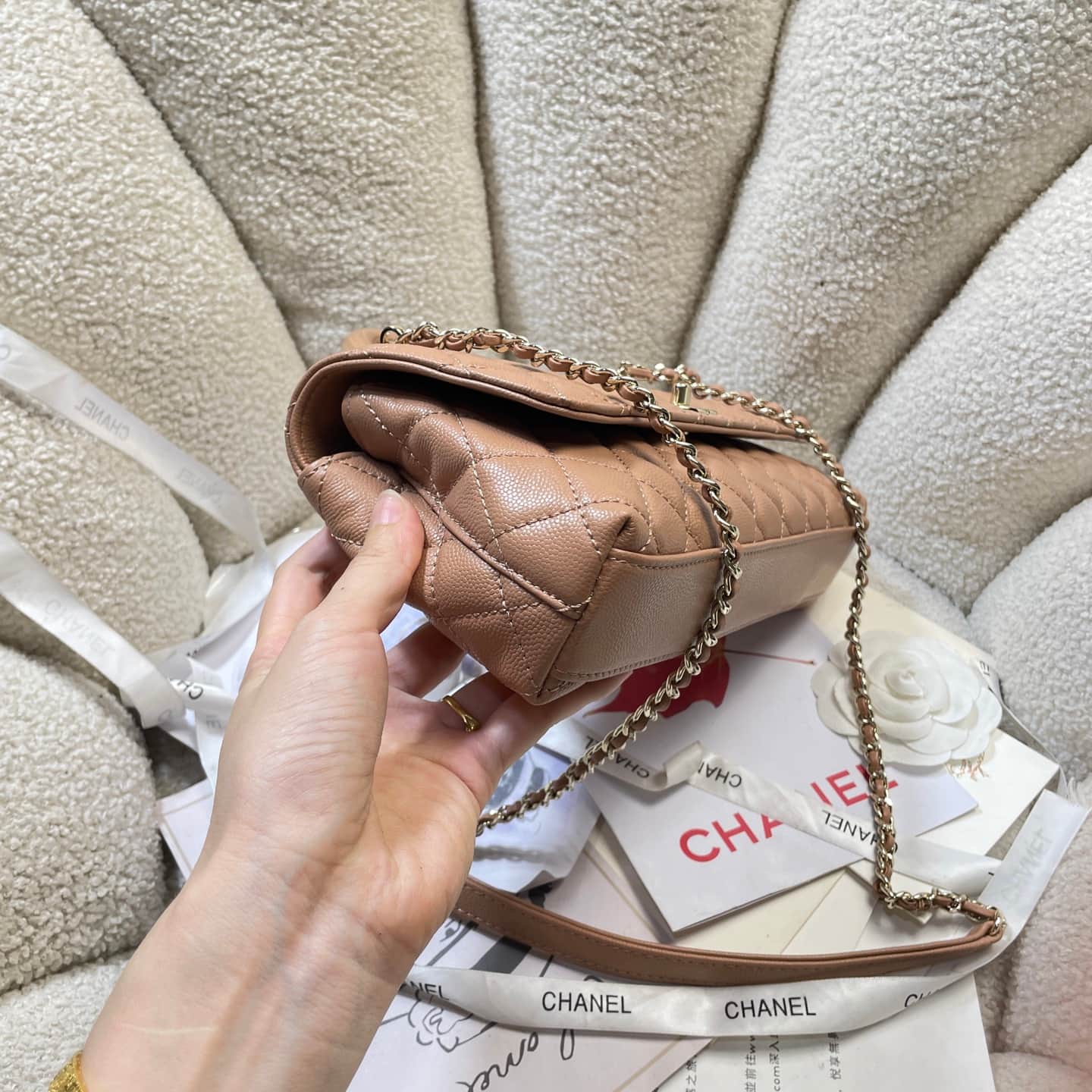 Chanel Maxi Flap Bag with Top Handle Grained Calfskin& Gold-Tone Metal AS6091 Caramel A