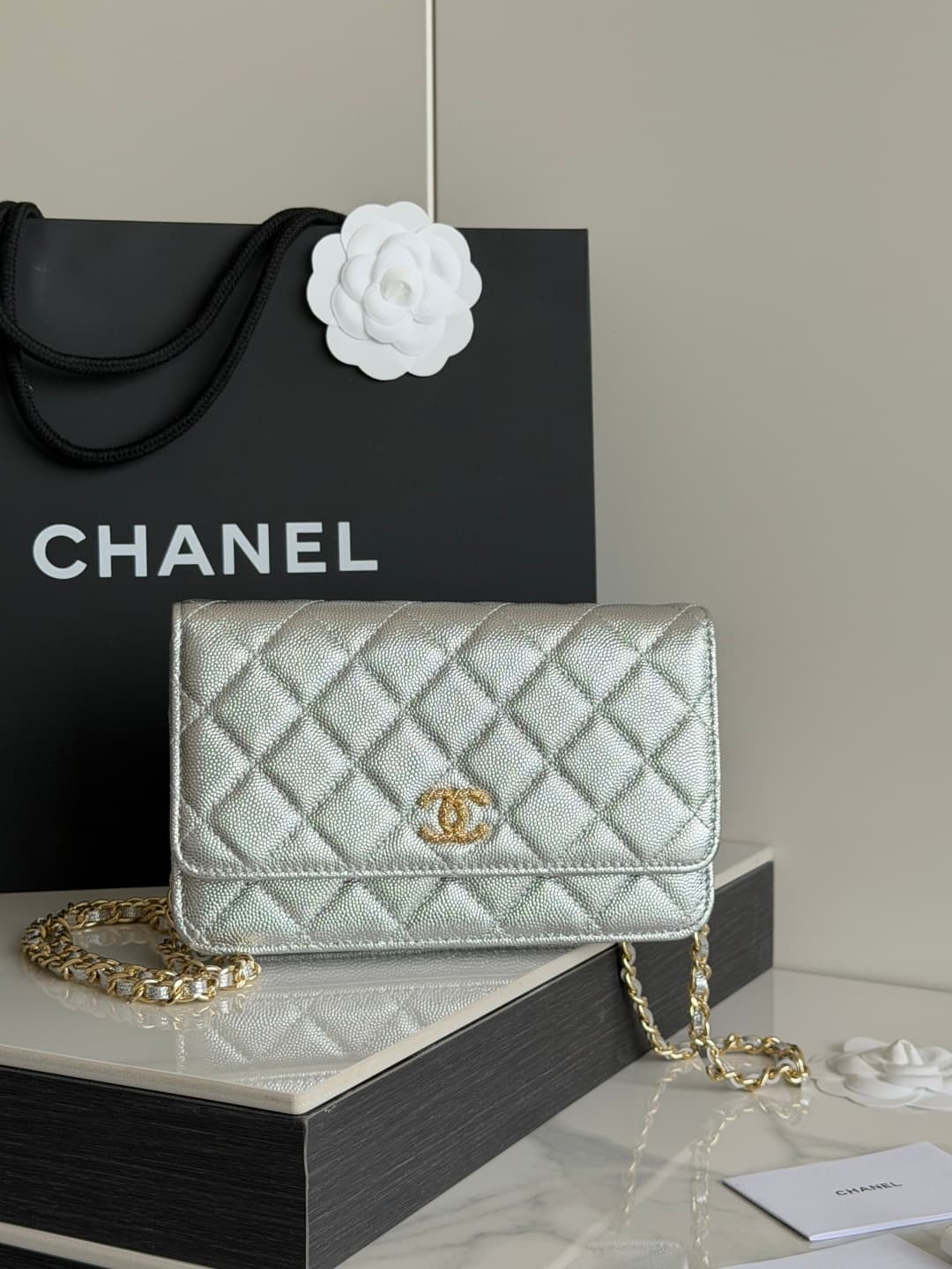 Chanel Wallet on Chain Shiny Grained Calfskin Strass & Gold-Tone Metal Silver AP5073 High