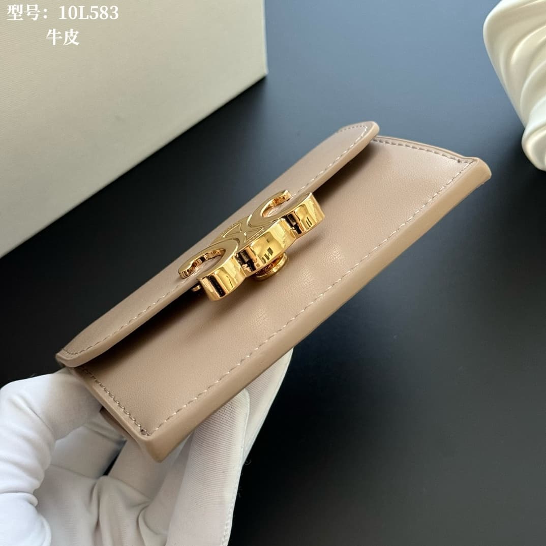 Celine Triomphe Flap Card Holder in shiny Beige calfskin High