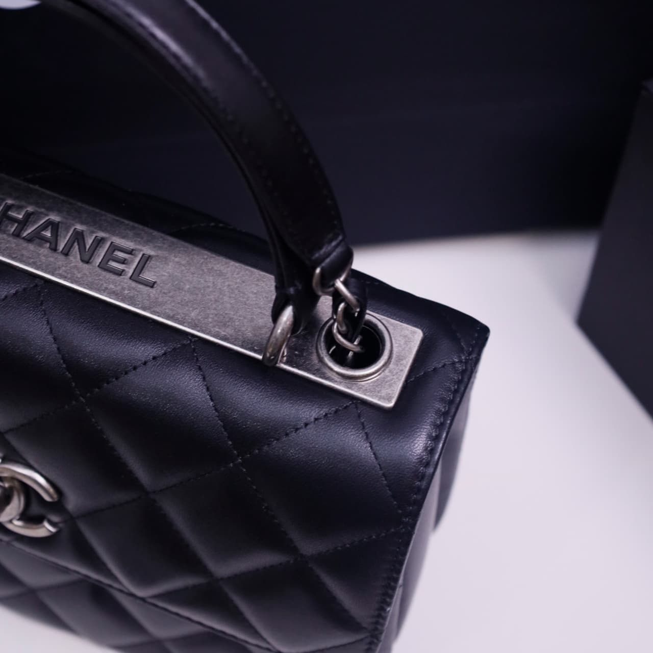 SMALL FLAP BAG WITH TOP HANDLE Lambskin Silver Metal Black A