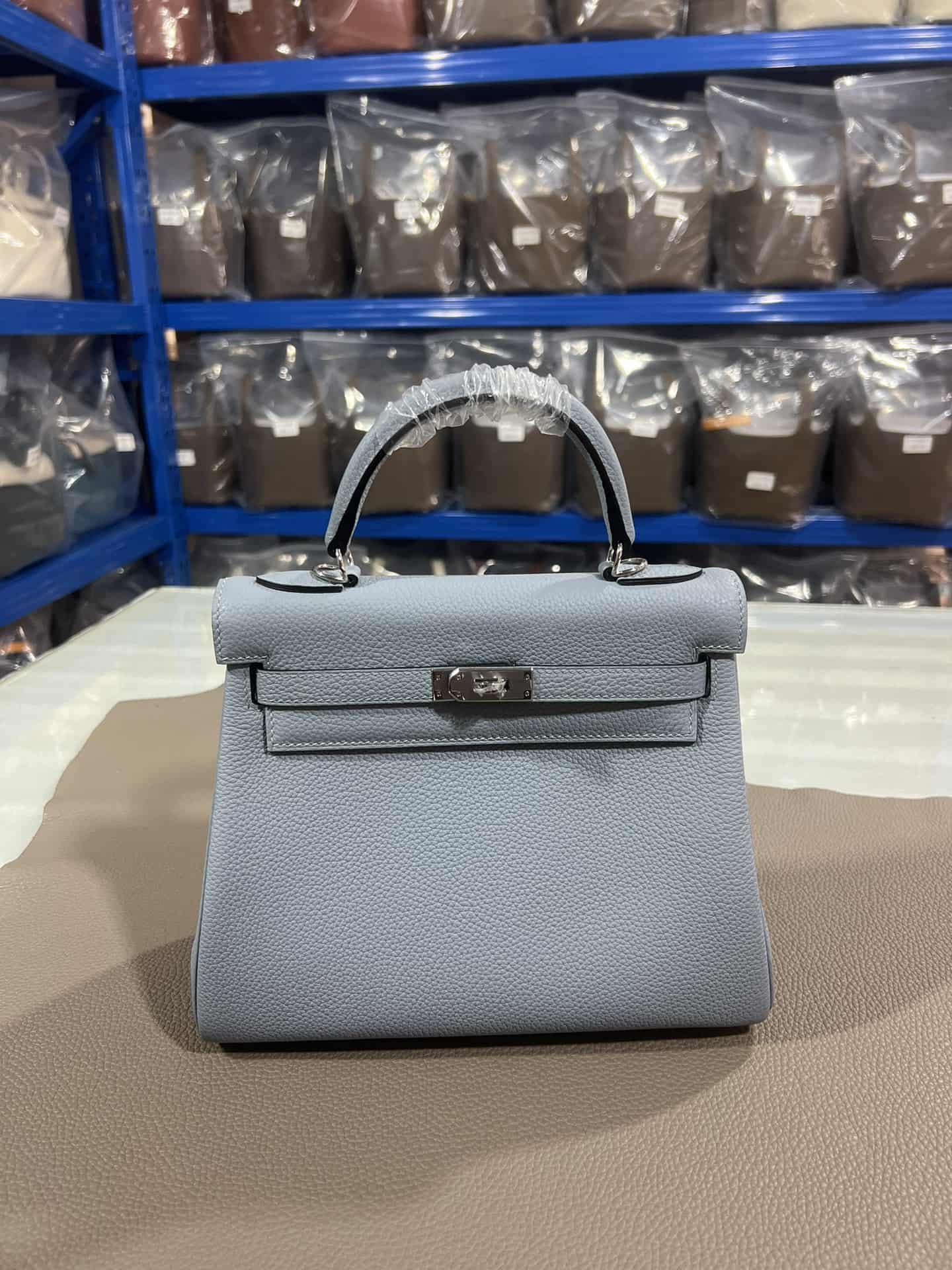 Hermes Kelly 25/28/32cm Retourne Bag Togo Leather In Grey-Blue WAX High