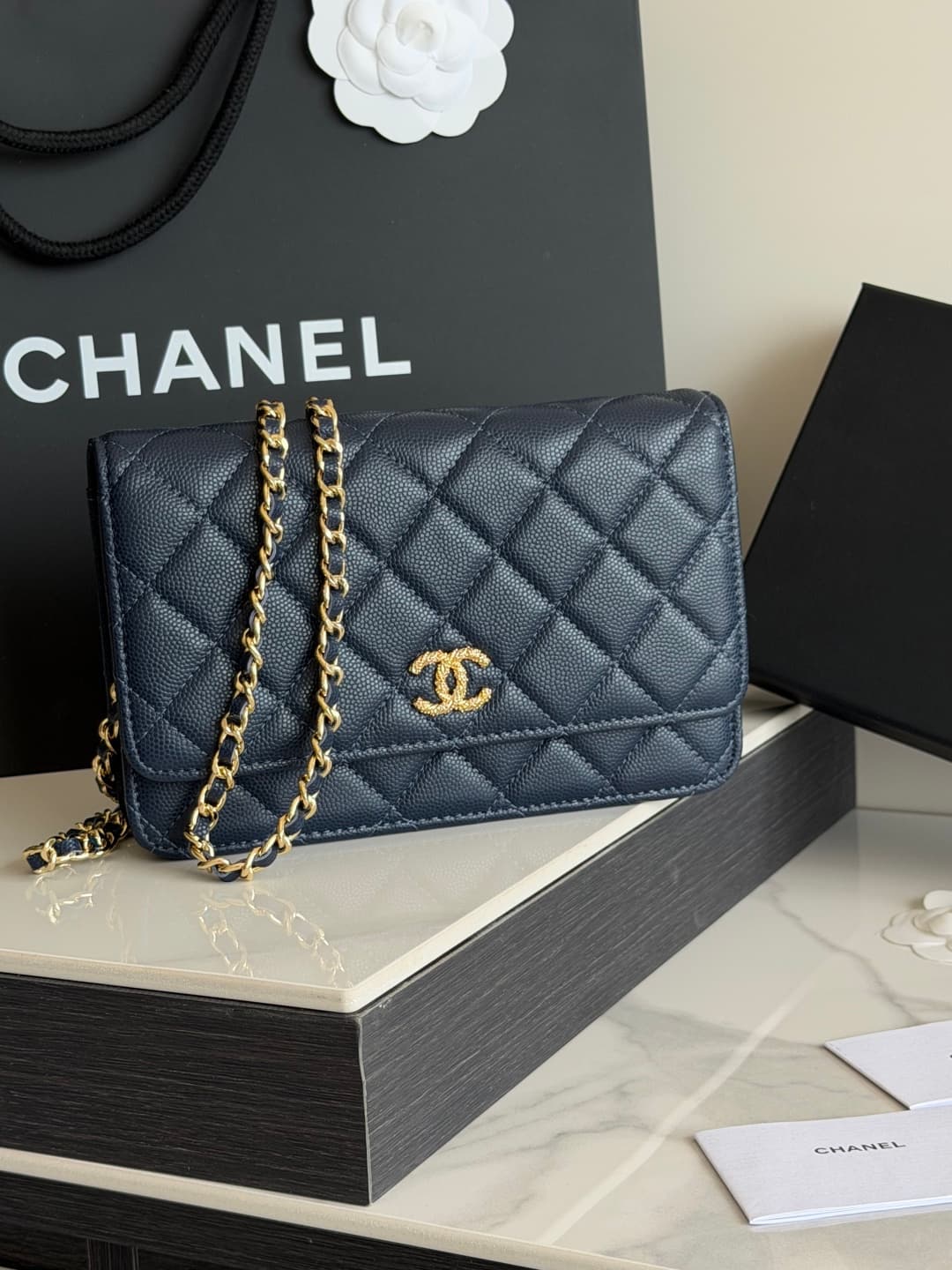 Chanel Wallet on Chain Shiny Grained Calfskin Strass & Gold-Tone Metal Dark Blue AP5073 High
