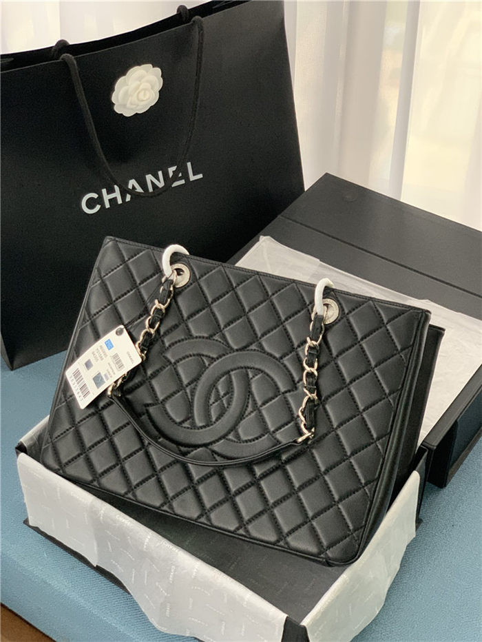 SHOPPING BAG 50995 Lambskin Silver-Tone Metal Black High