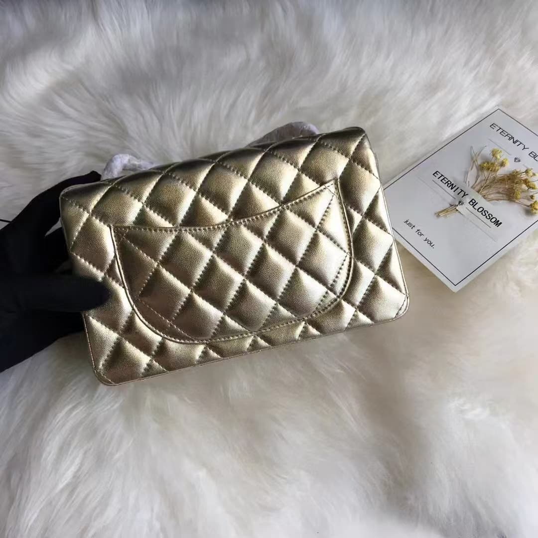 Chanel Classic Handbag Metallic Gold Quilted Lambskin Gold-Tone Metal A