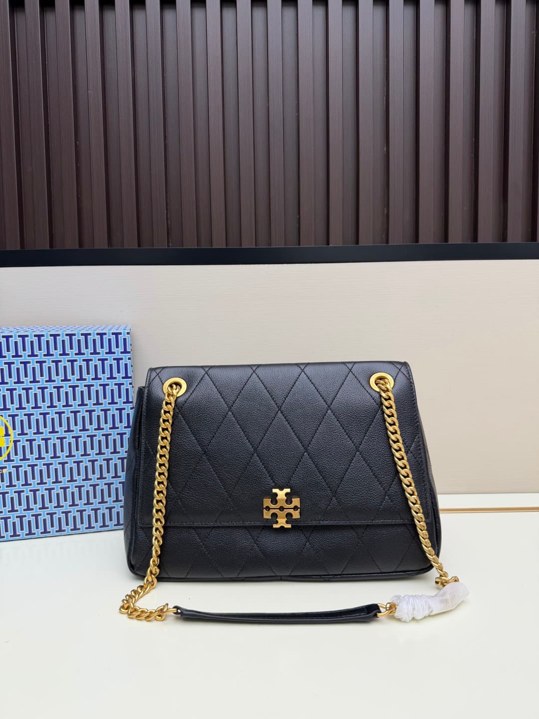 Tory Burch Charlie Quilted Shoulder Bag Black Pebbled leather High