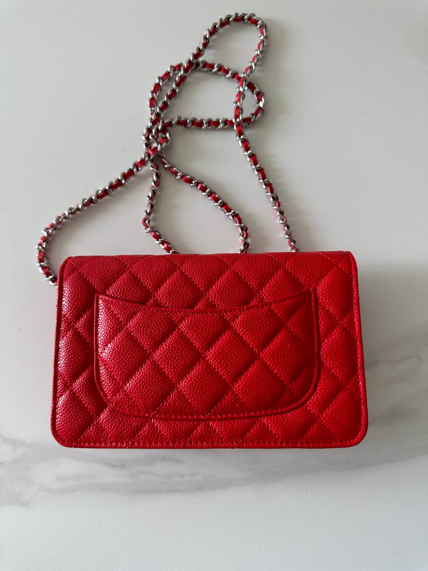 Chanel Classic Wallet on Chain Grained Shiny Calfskin & Silver-Tone Metal AP4241 Red High