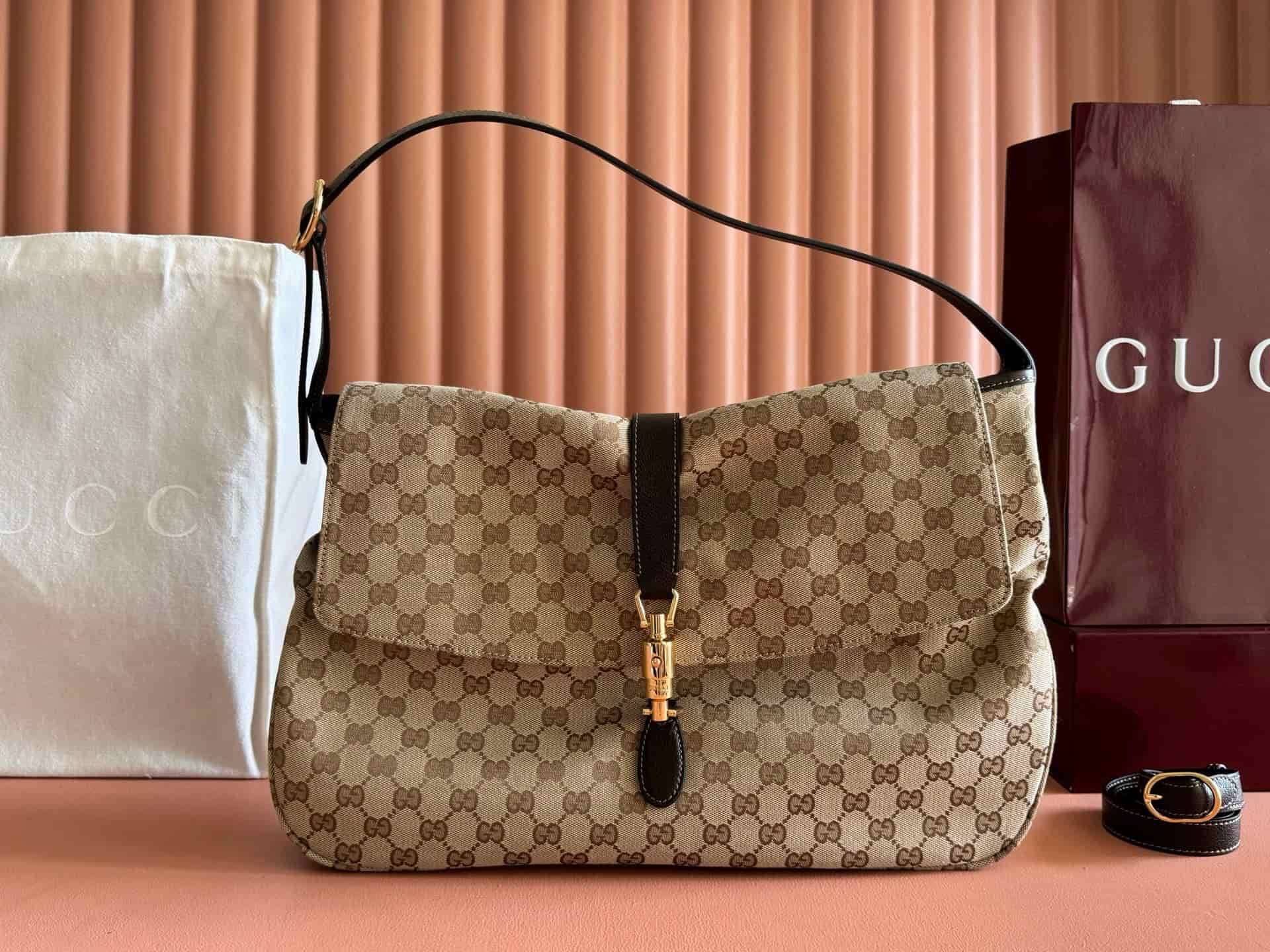Gucci Jackie Flap large crossbody bag sand and brown GG canvas A005ZI High