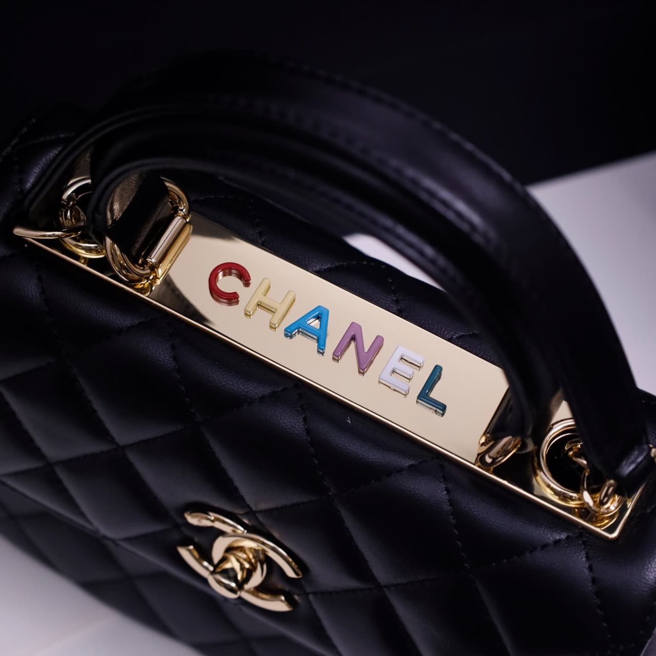 Chanel MINI FLAP BAG WITH TOP HANDLE AS4654 Lambskin &Gold-Tone Metal Black A
