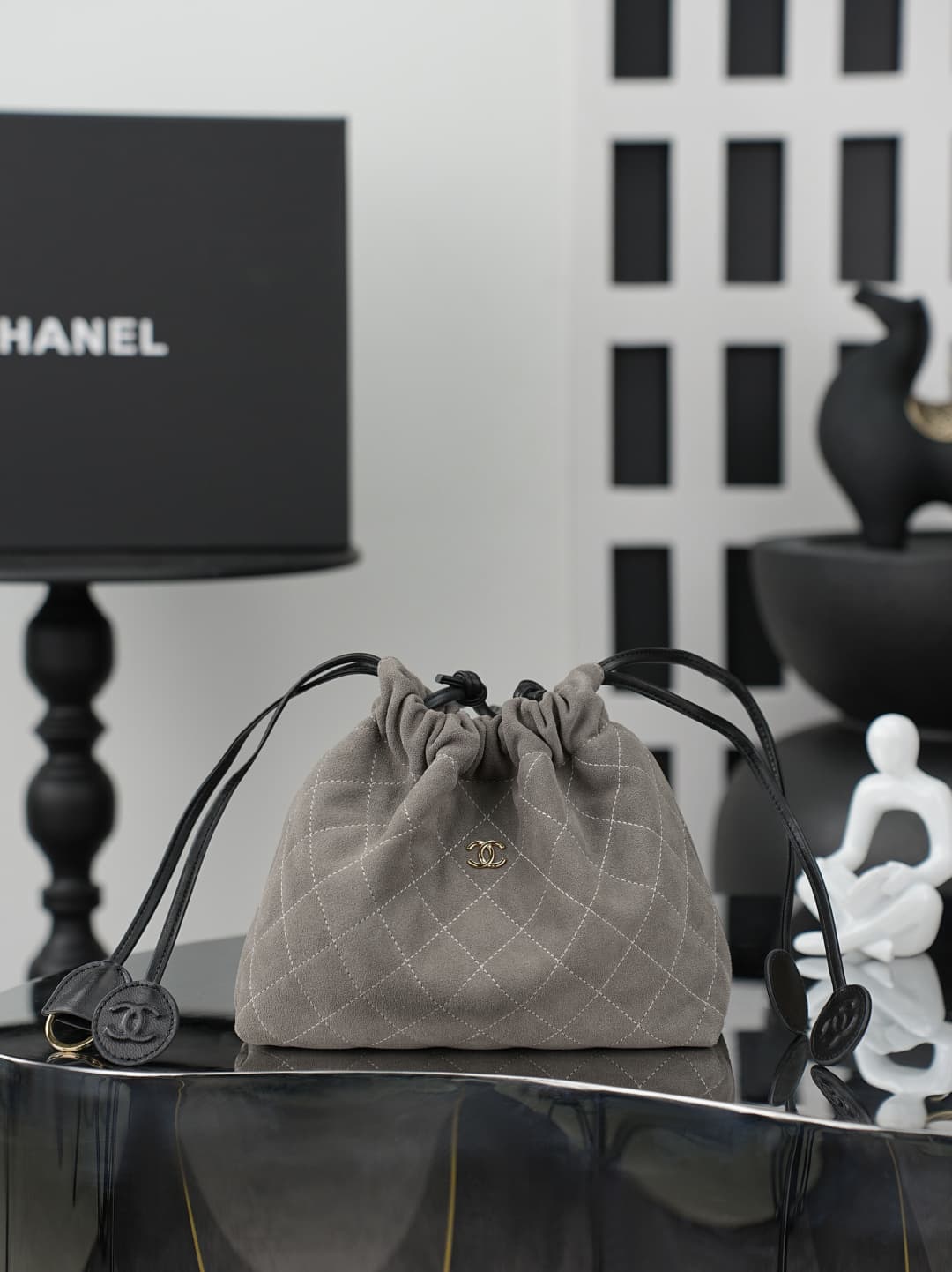 Chanel Clutch with Leather Strap grey quilted suede & Gold-tone Metal AP5228 A