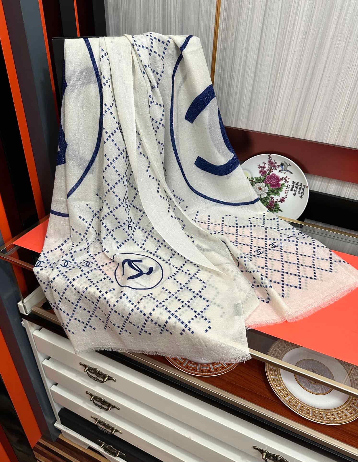 Chanel interlocking CC logo cashmere silk stole scarf