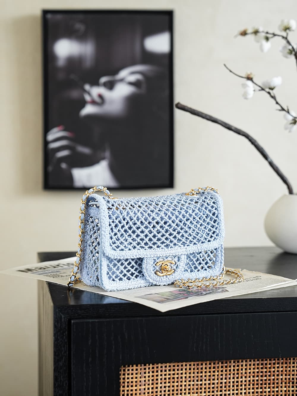 CHANEL Coco Beach Flap Bag Mesh, Strass & Gold-Tone Metal AS6156 Blue A
