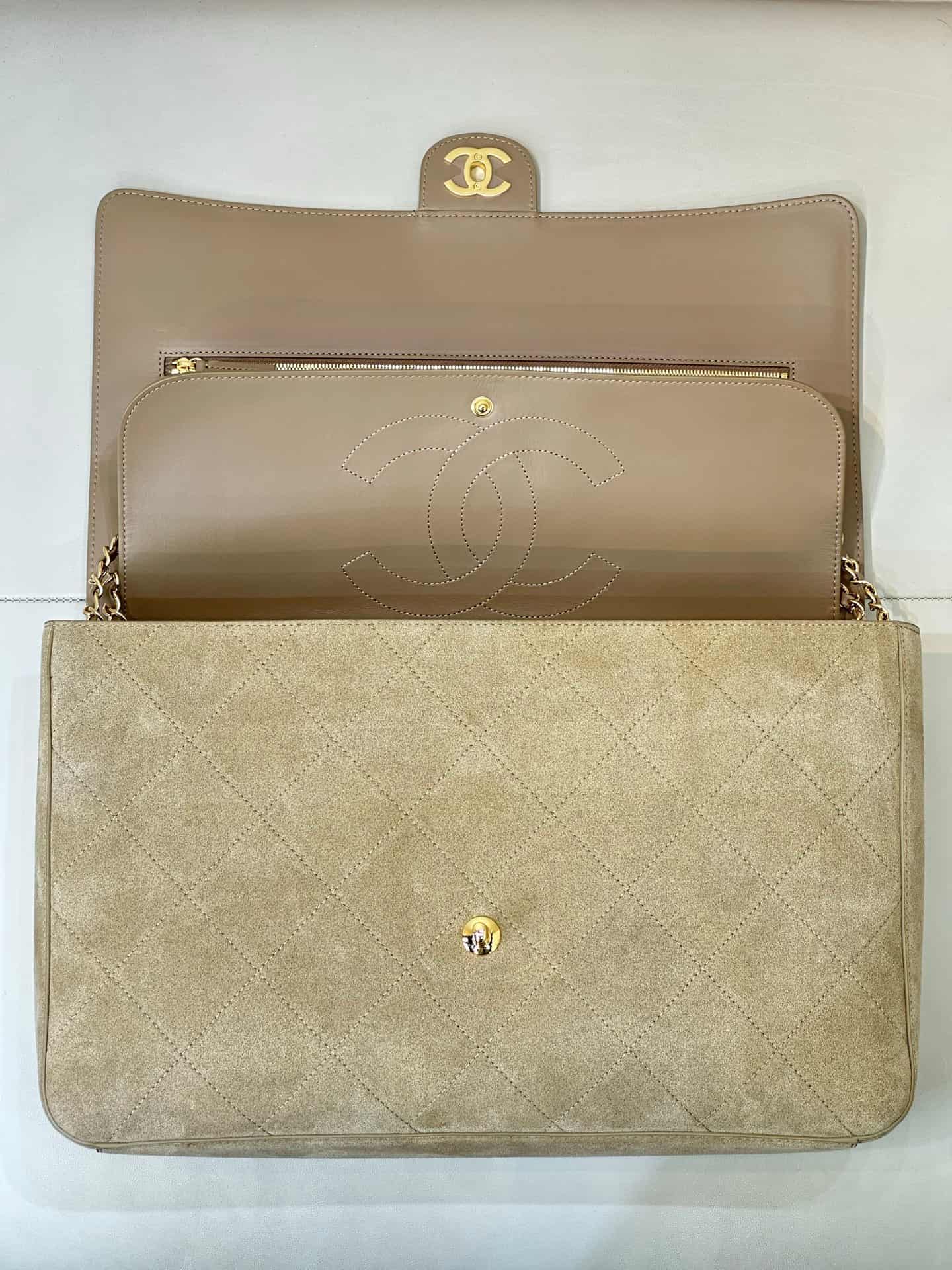 Chanel Maxi Flap bag Suede Calfskin & Gold-Tone Metal Dark Beige AS6234 TOP