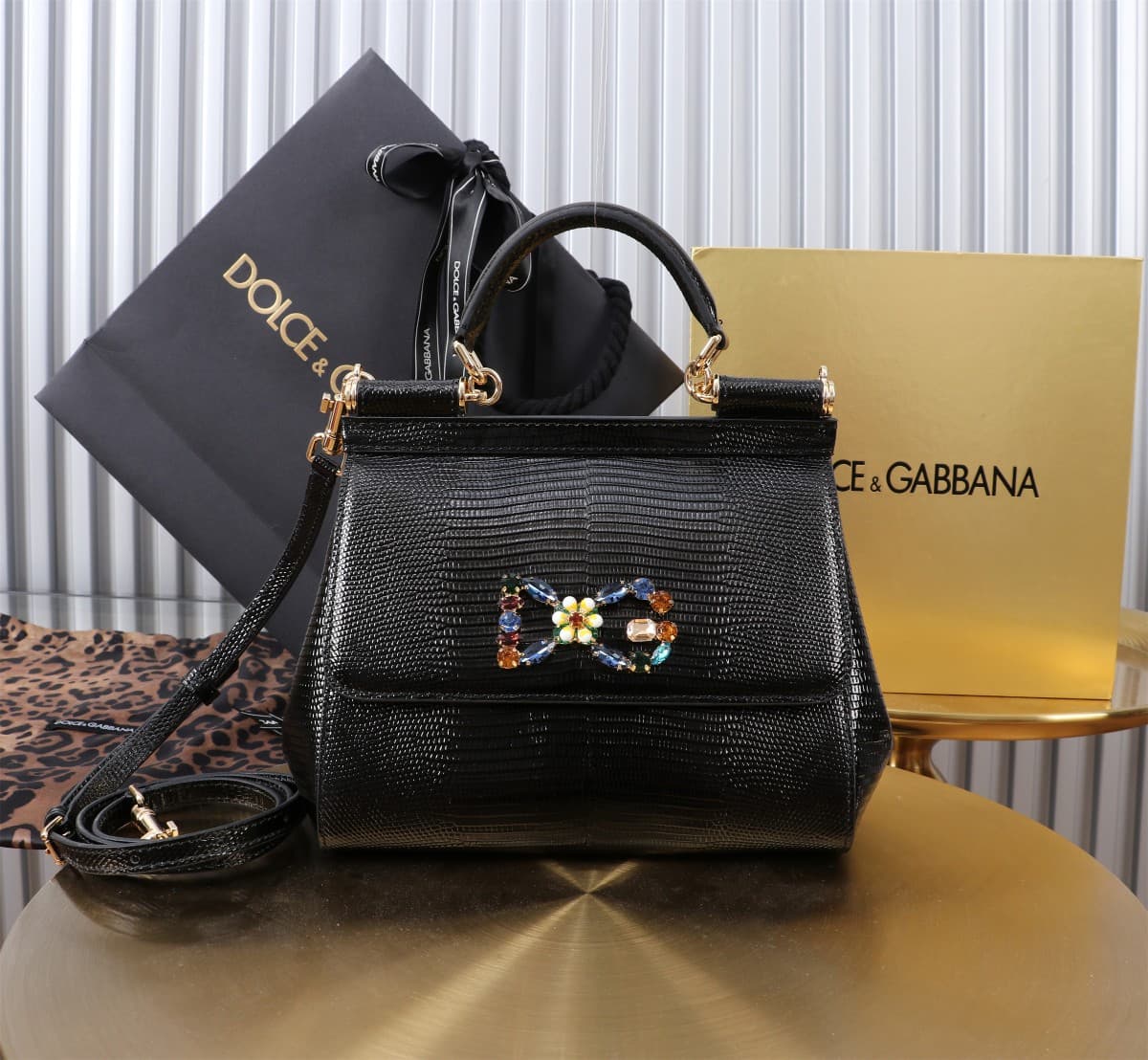 Sicily Handbag 20cm in Iguana Print Calfskin and Crystal DG Logo Patch High