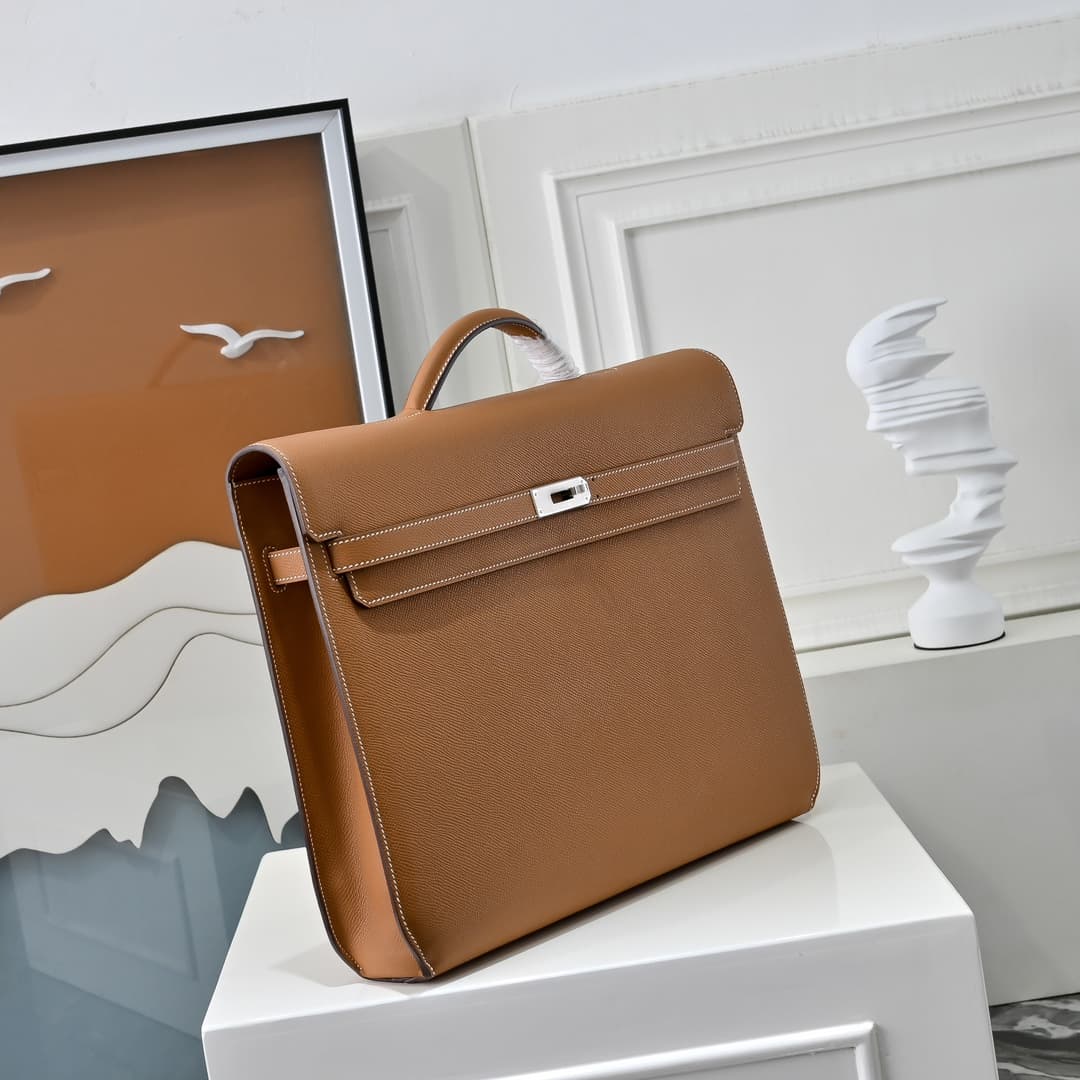 Hermes Kelly depeches Epsom 36 briefcase In Camel Silver Metal CalfskIn WAX High