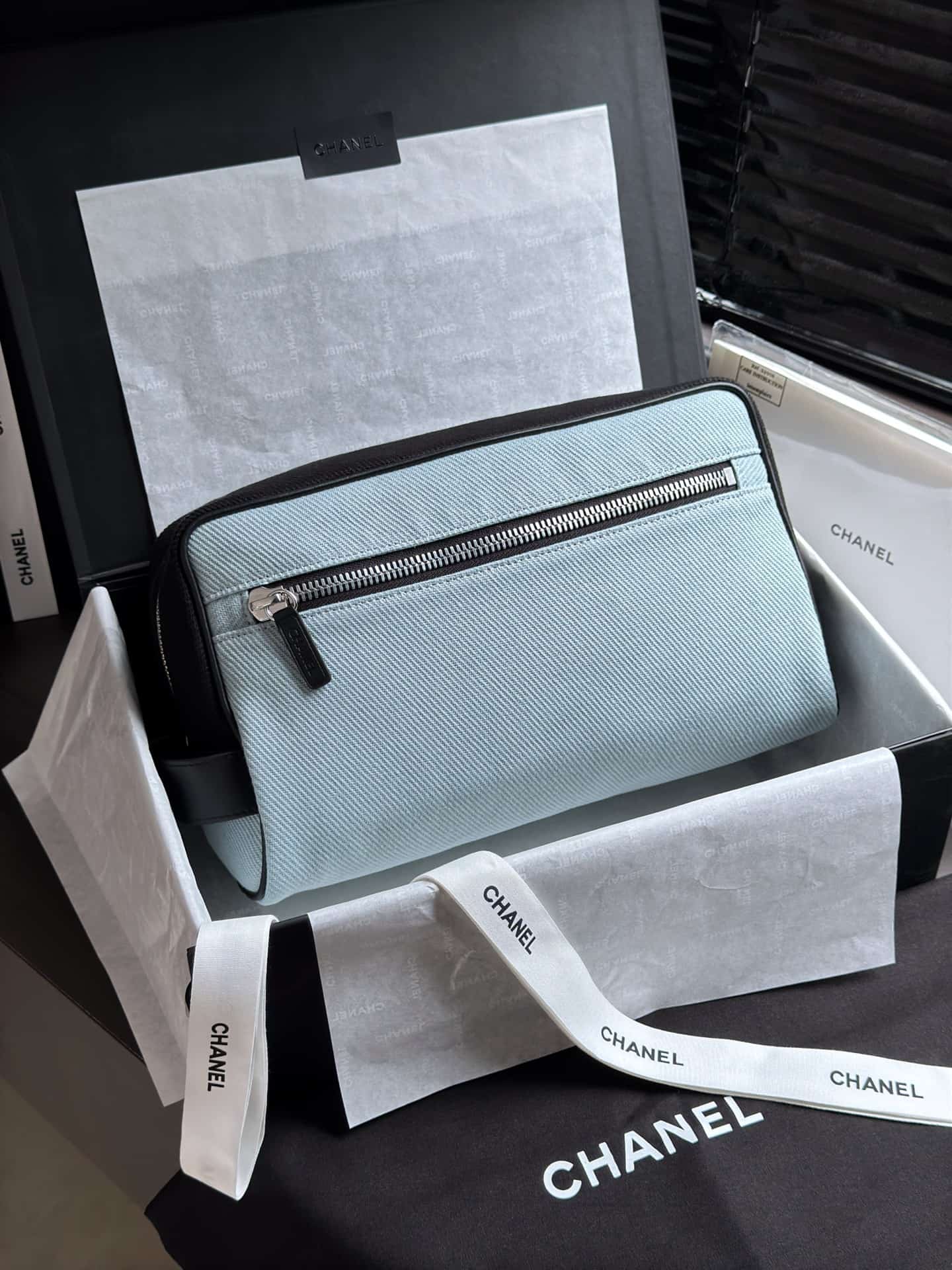 Chanel Large Zipped Pouch Canvas Calfskin & Silver-Tone Metal AP5267 Light Blue A