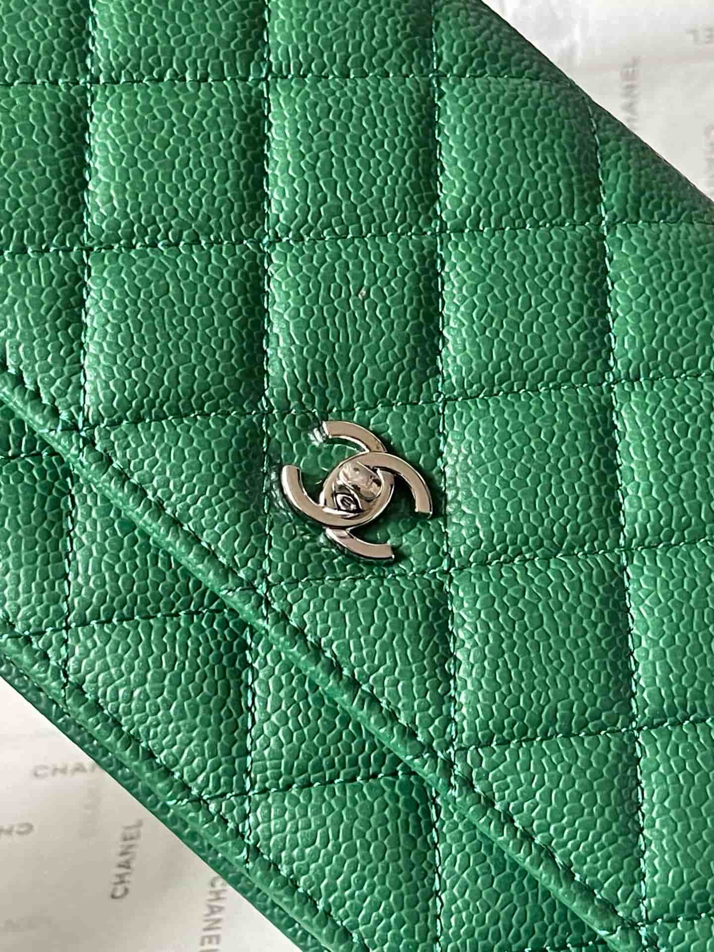 Chanel Classic Wallet on Chain Grained Shiny Calfskin & Silver-Tone Metal AP4241 Green A