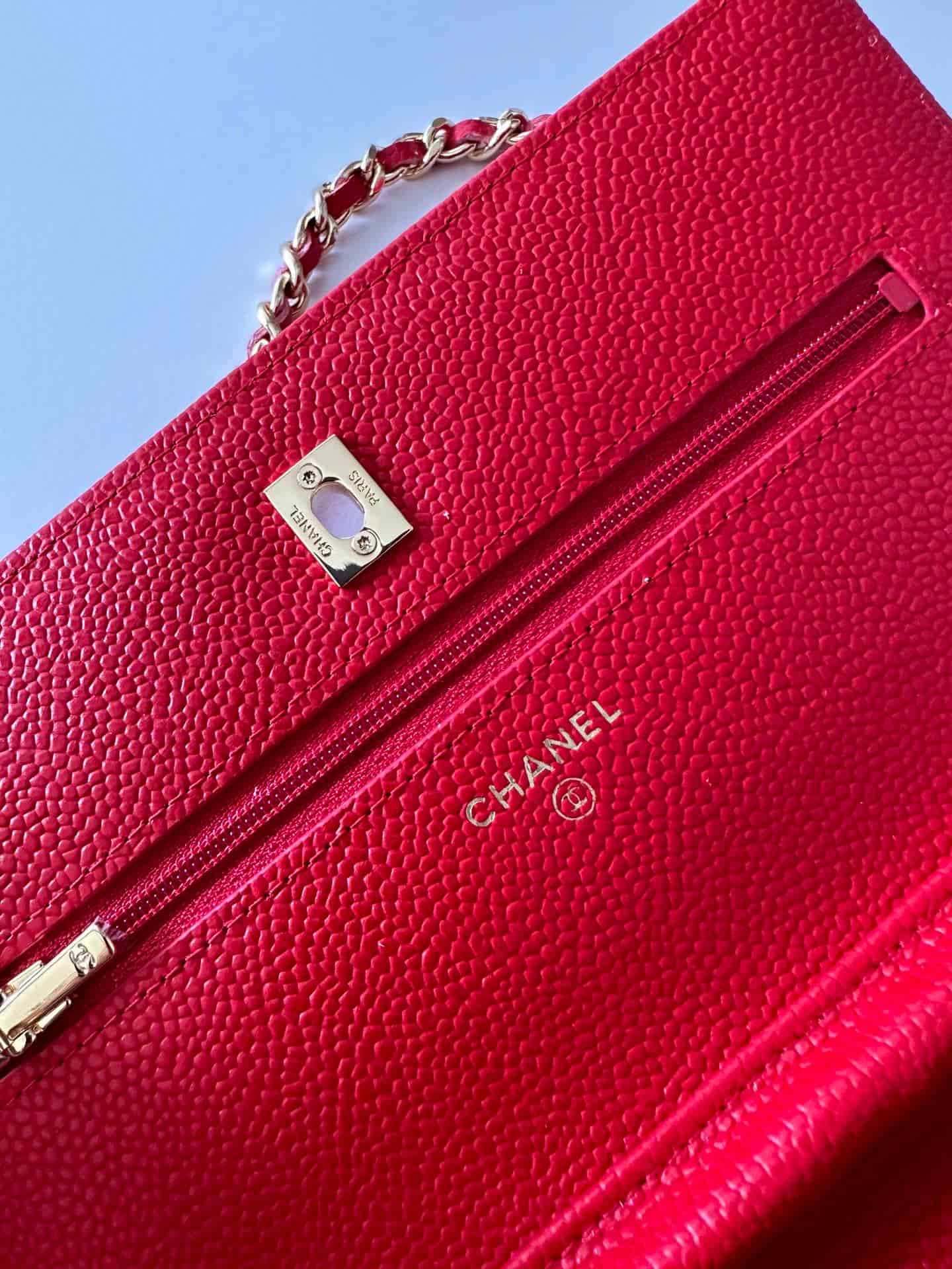 Chanel Classic Wallet on Chain Grained Shiny Calfskin & Gold-Tone Metal AP4241 Red High