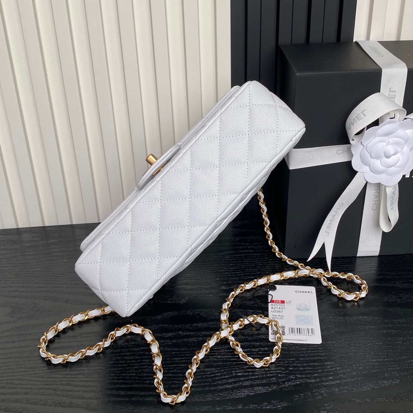 Chanel Small Flap Bag with Top Handle Grained Shiny Calfskin &  Gold-Tone Metal White AS5702 A