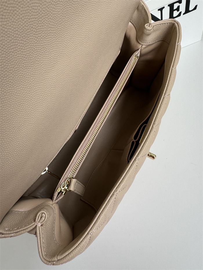 Medium FLAP BAG WITH TOP HANDLE Grained Calfskin Beige-binding Gold Metal High