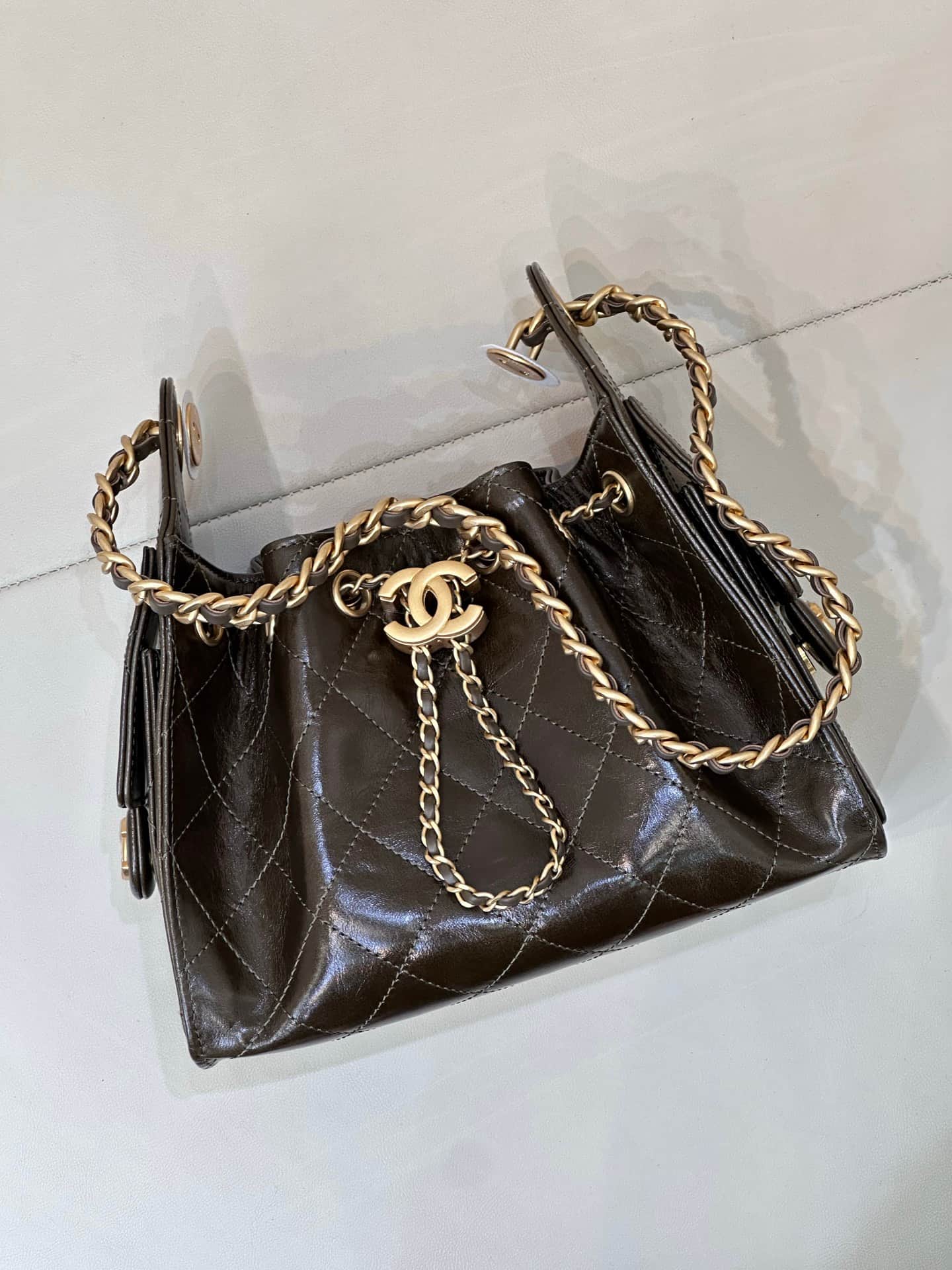CHANEL 25 Mini Handbag AS5631 Shiny Calfskin & Gold-tone Metal Dark Brown TOP