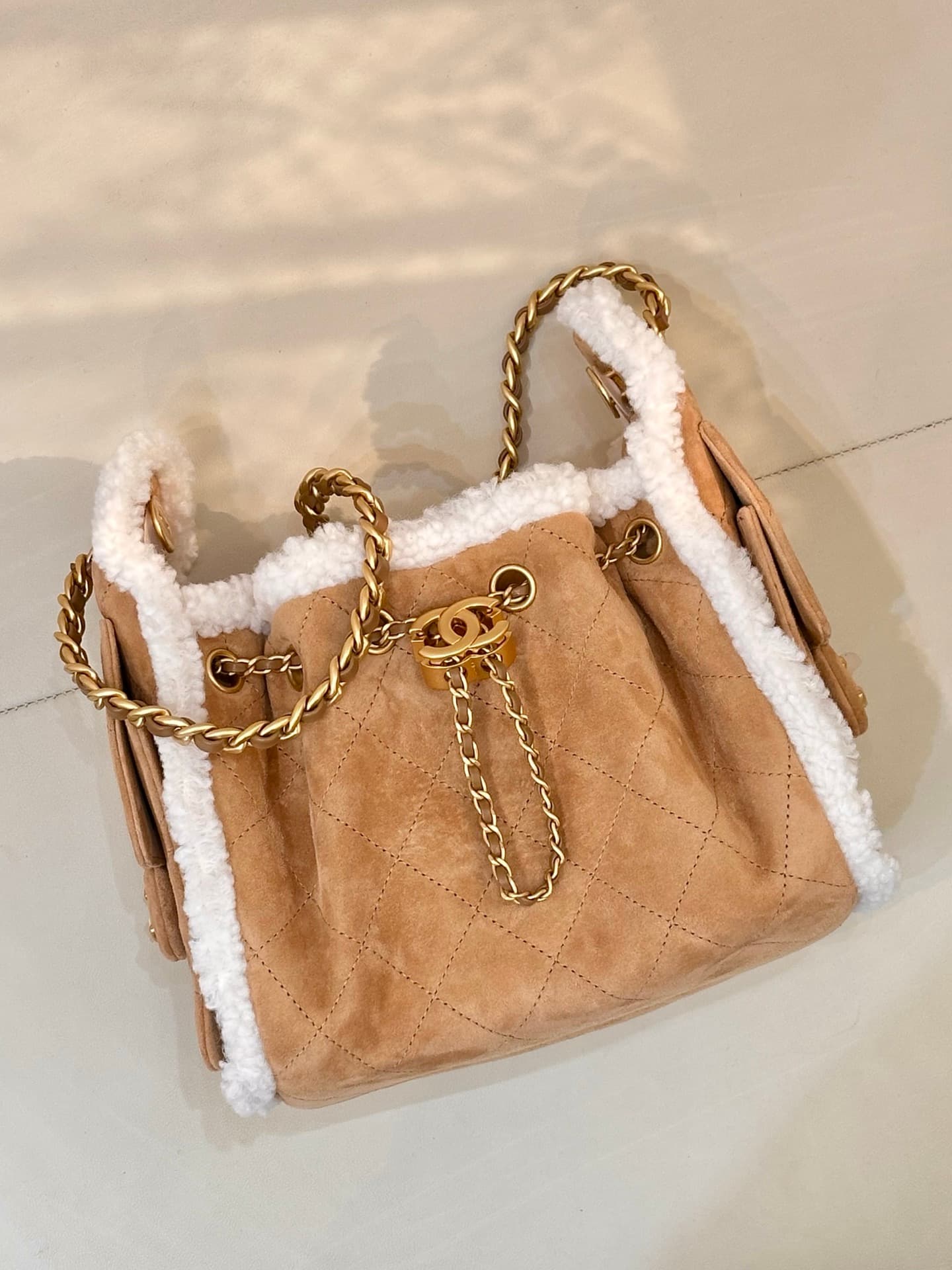 CHANEL 25 Mini Handbag AS5631 Suede &Shearling &Gold-tone Metal Beige TOP