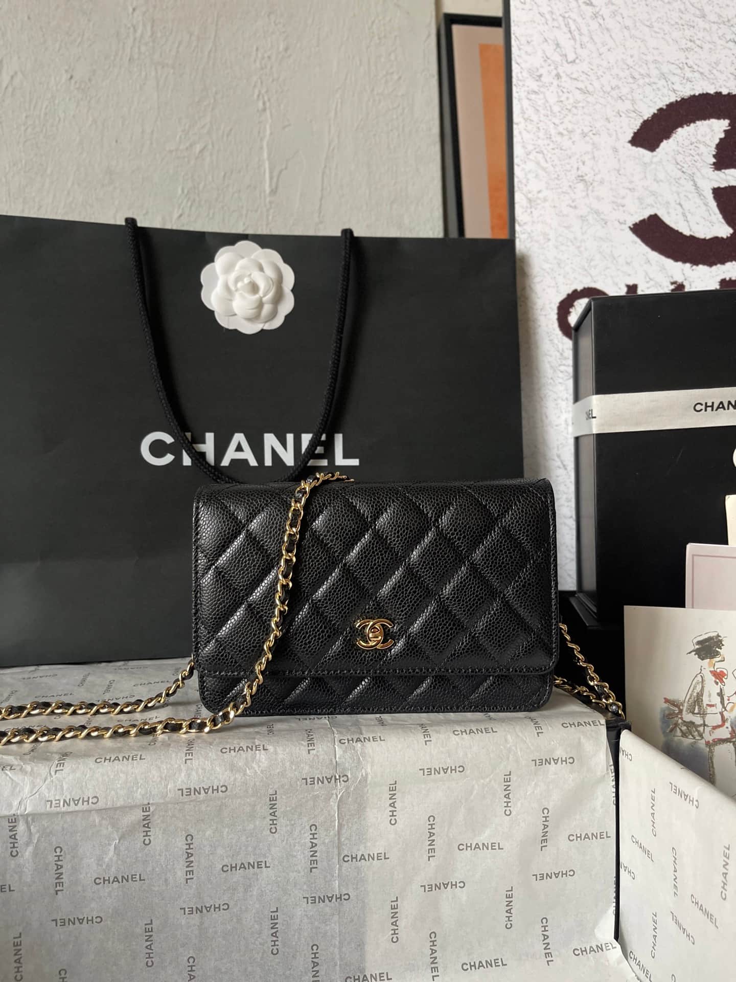 Chanel Classic Wallet on Chain Grained Shiny Calfskin & Gold-Tone Metal AP4241 Black A