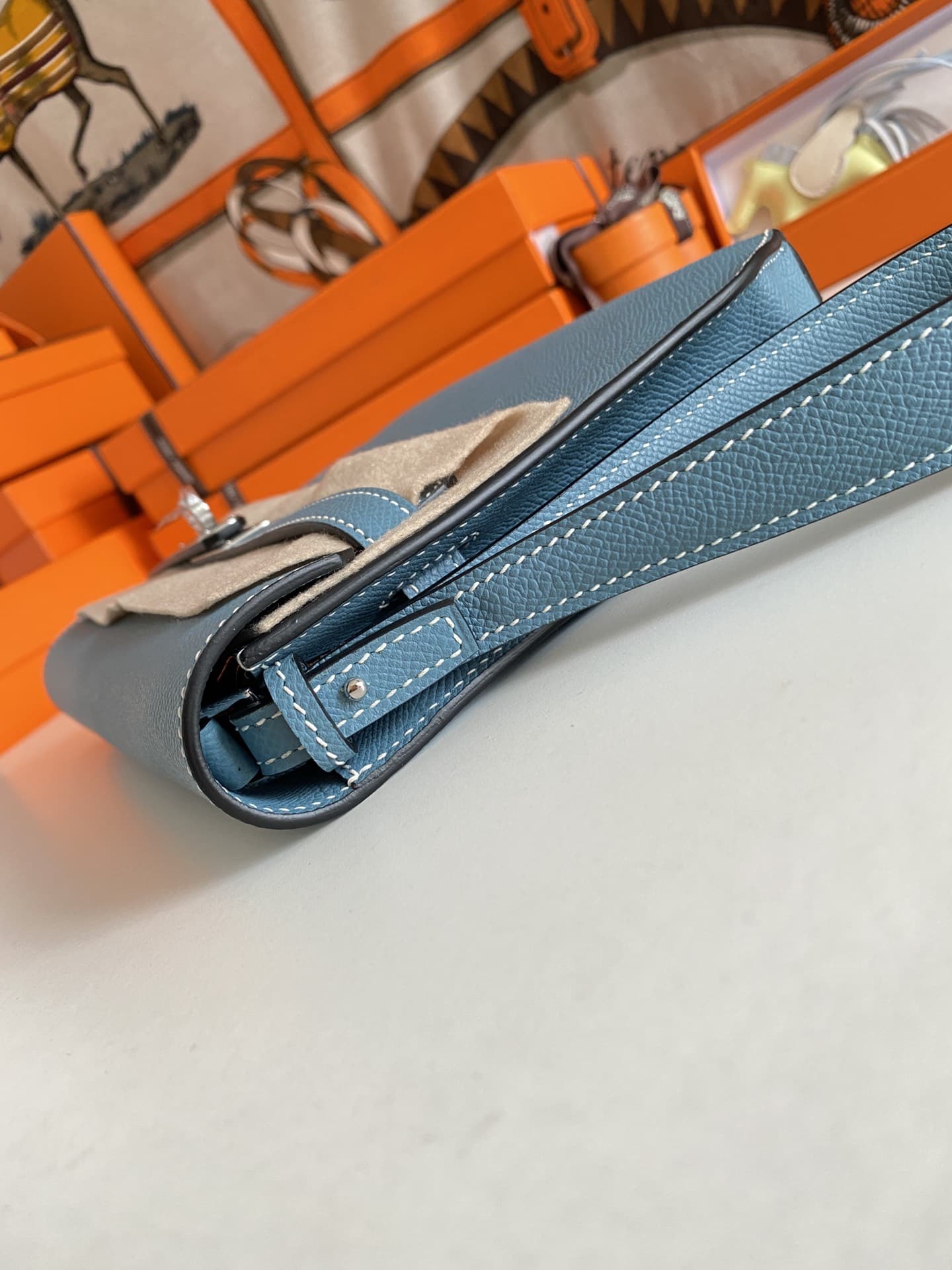 Hermes Kelly Depeches 25 Pouch Epsom Leather Denim Fonce WAX High