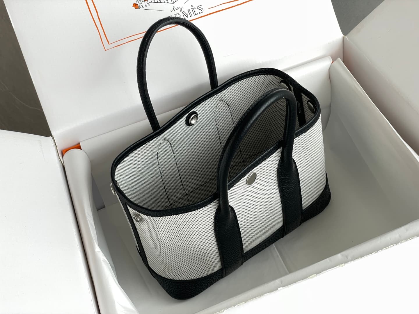 Hermes Garden Party 23 bag in Black Togo Leather With Canvas WAX High