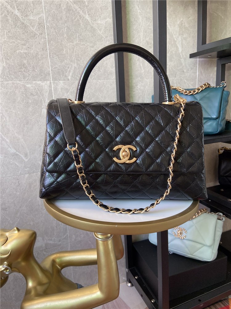 Medium FLAP BAG WITH TOP HANDLE Shiny Calfskin Black Gold Metal High