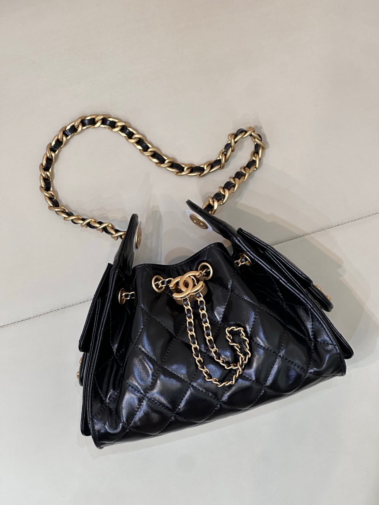 CHANEL 25 Mini Handbag AS5631 Shiny Calfskin & Gold-tone Metal Black TOP