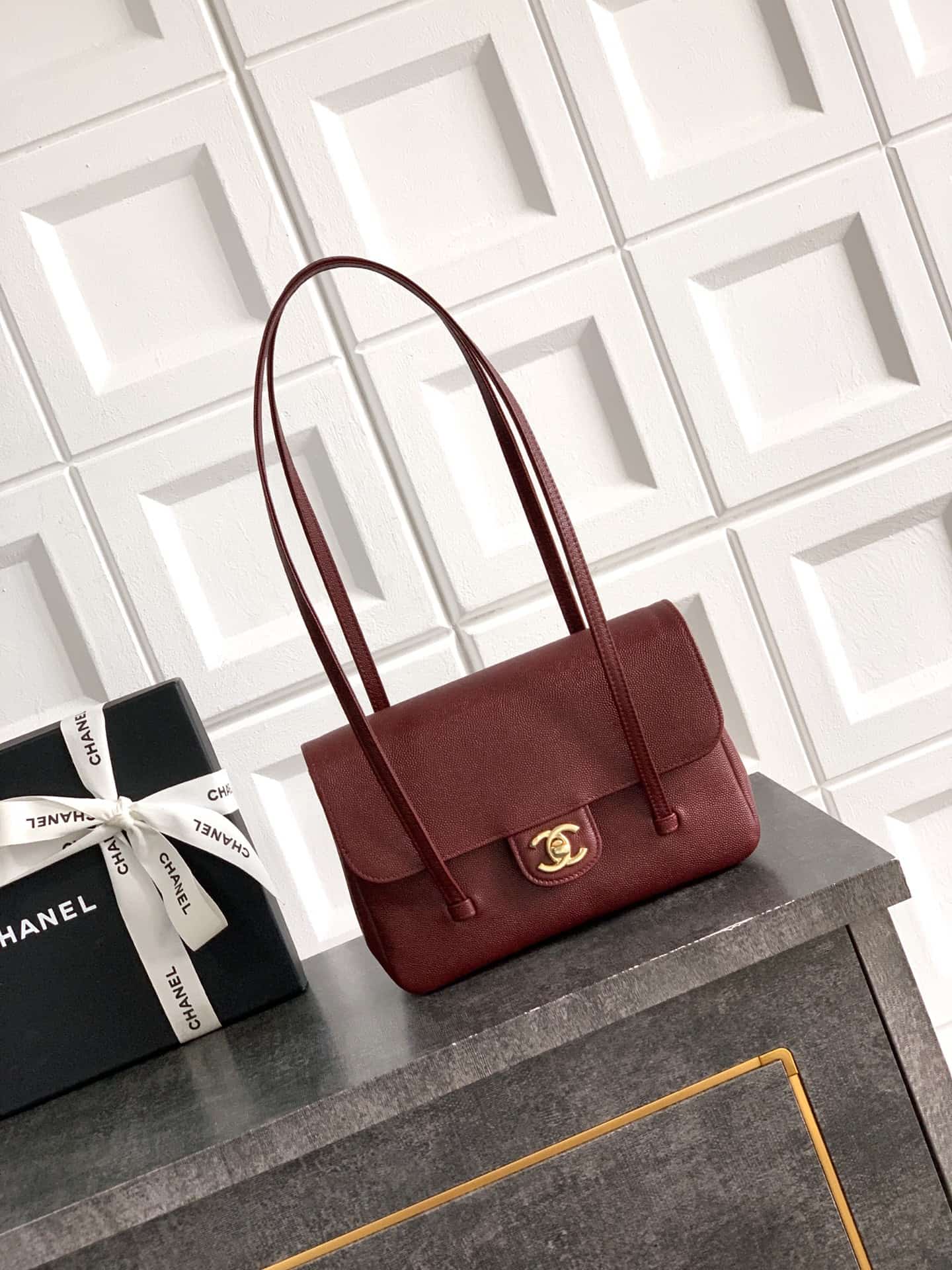 Chanel Clutch with Leather Strap Grained Shiny Calfskin & Gold-Tone Metal Claret  5809 High