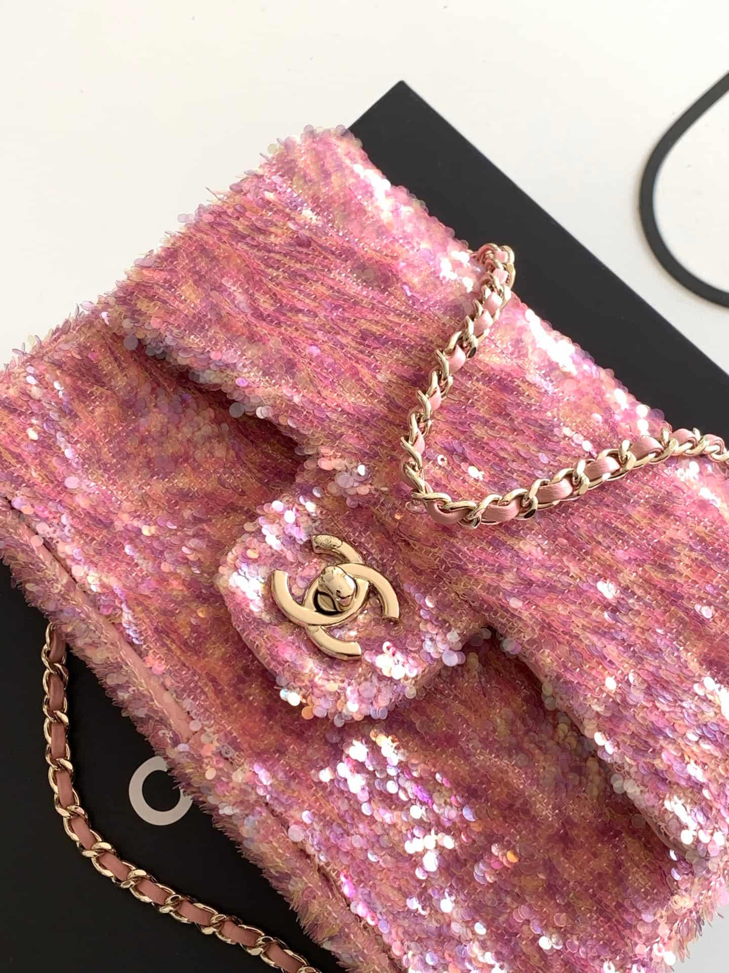 Chanel Flap Bag Sequins & Gold-Tone Metal Pink AS4561  A