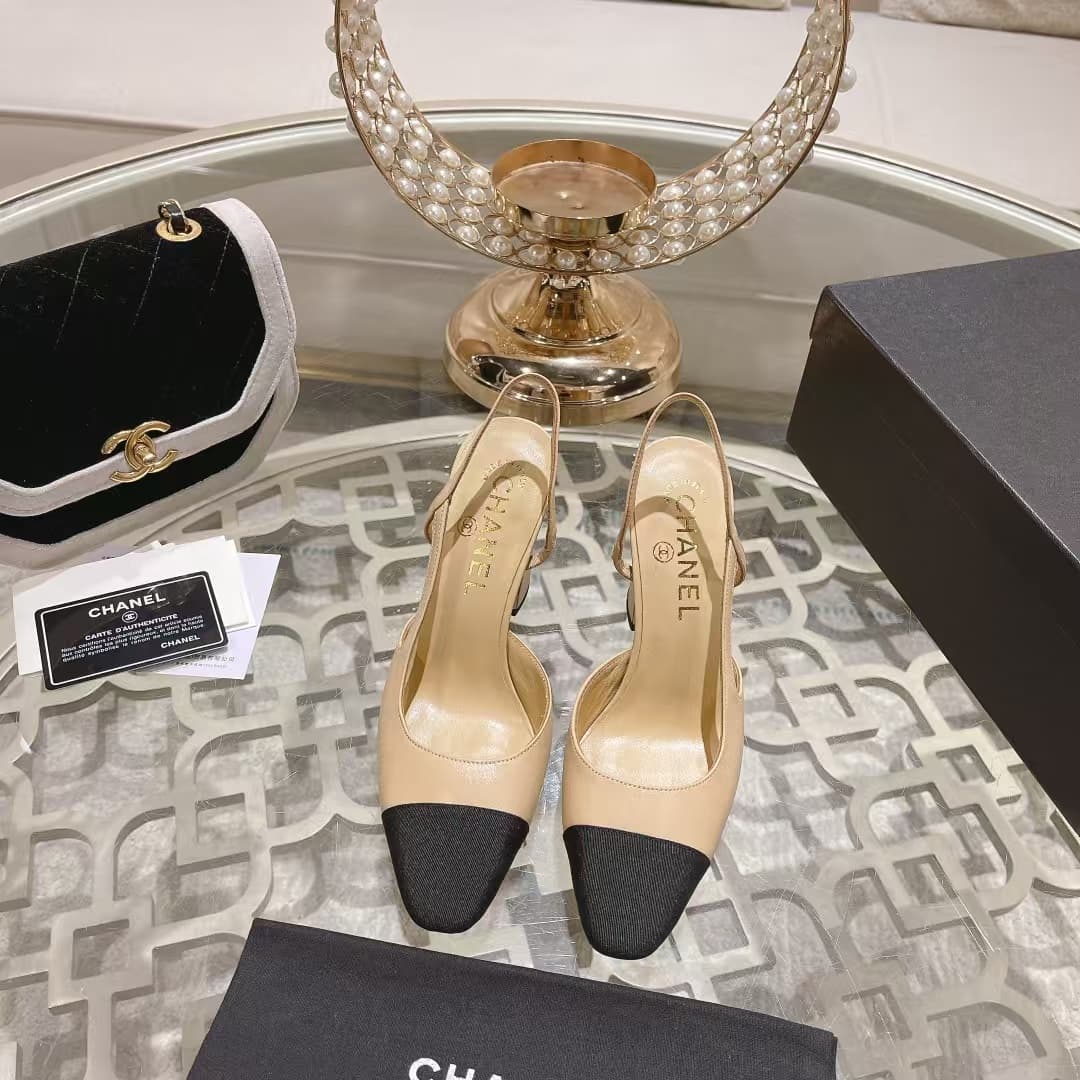 Chanel Slingbacks Goatskin & Grosgrain Beige & Black