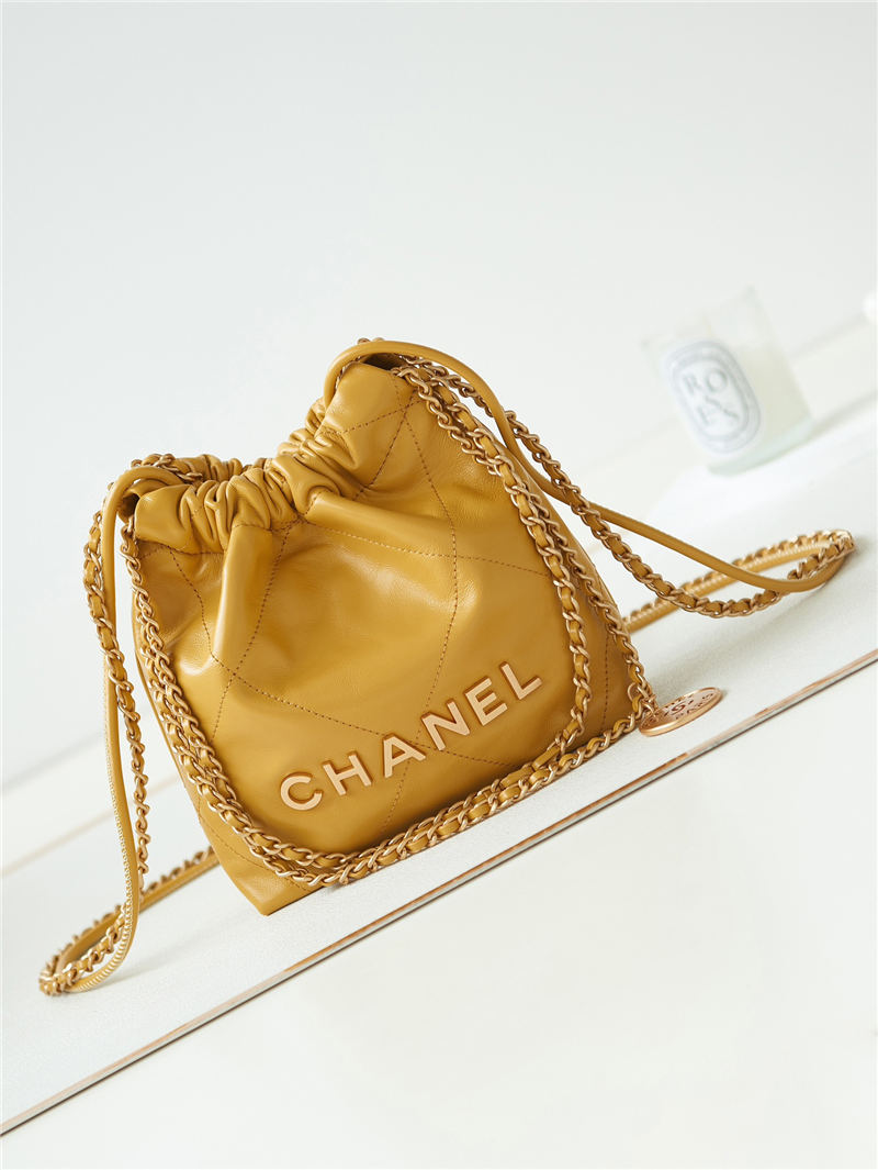 Chanel 22 MINI HANDBAG Shiny Calfskin Camel & Gold-Tone Metal AS3980 A
