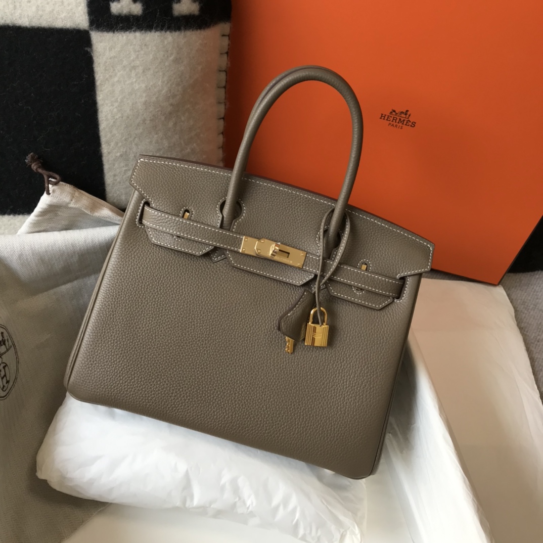 Hermes Birkin 25/30/35cm Bag Calfskin Silver/Gold Metal In Etoupe High