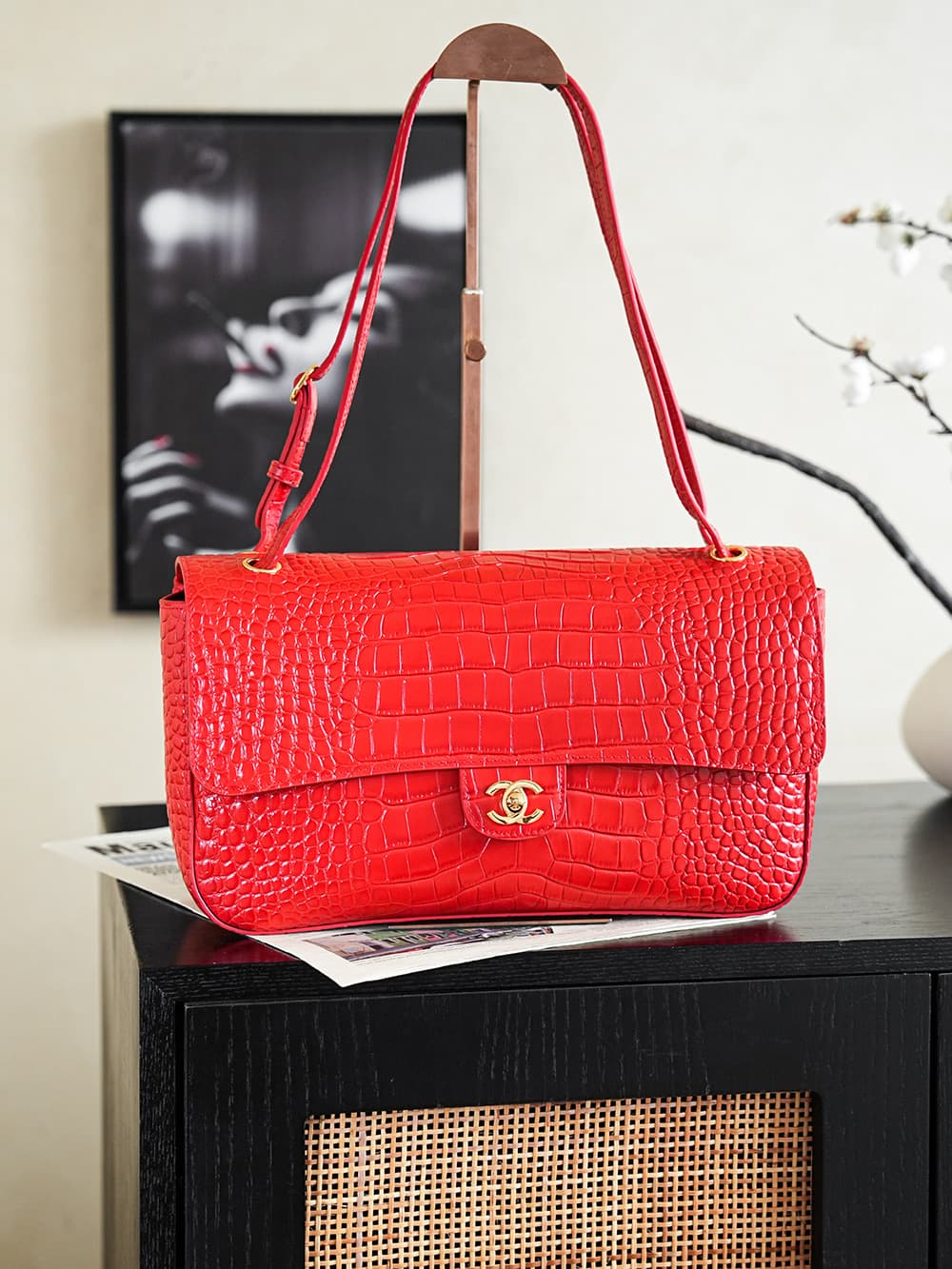 Chanel Maxi Flapbag Crocodile Embossed Calfskin& Gold-Tone Metal Red AS6231 A