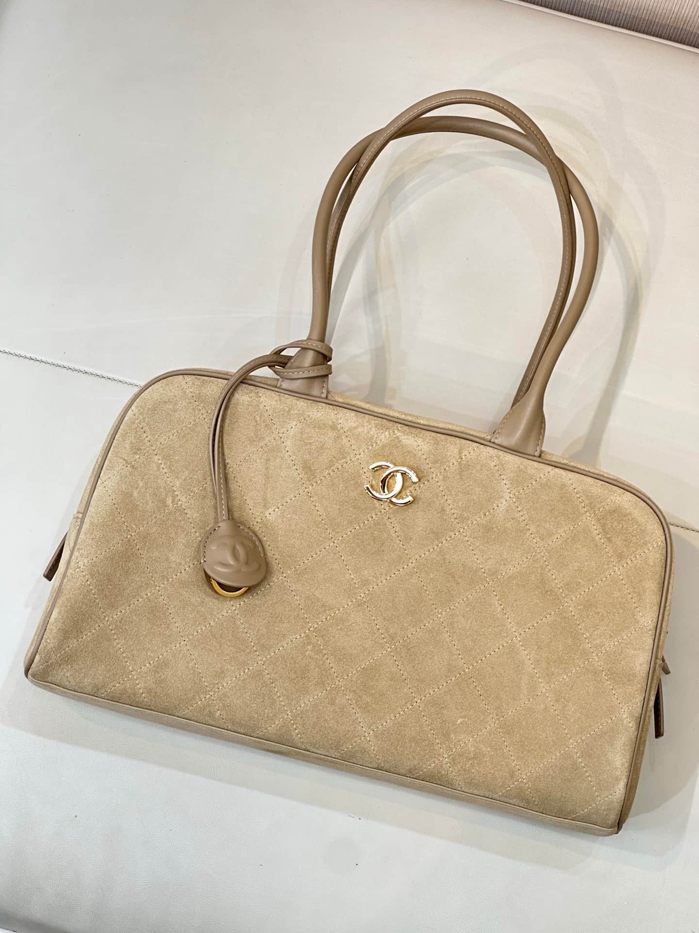 Chanel Bowling Bag Suede Calfskin Calfskin & Gold-Tone Metal Dark Beige TOP