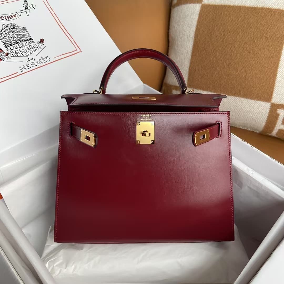 Hermes Kelly 25/28/32cm Sellier Bag Box Leather In Burgundy WAX High Customizing style